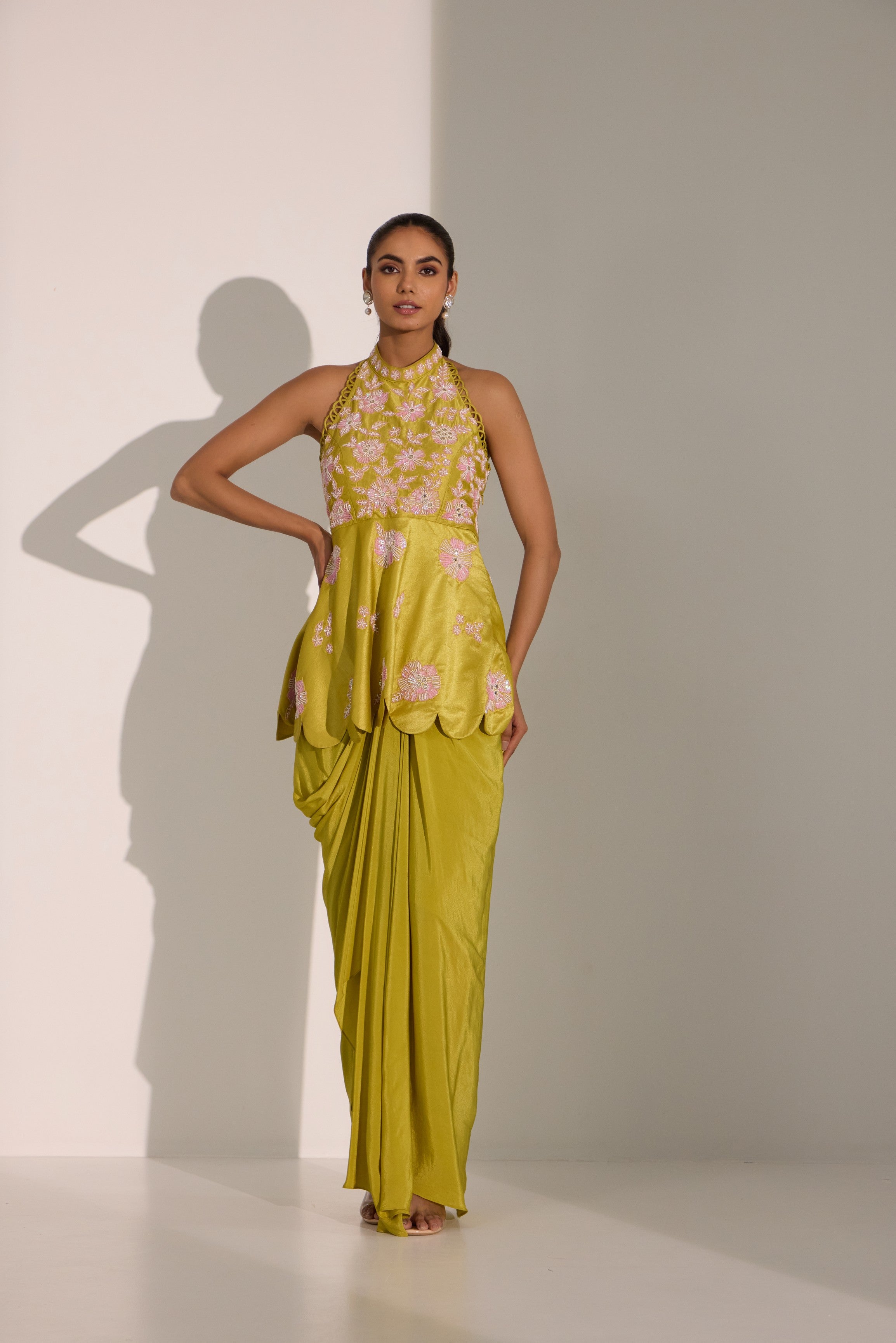 Lime green peplum with drape skirt