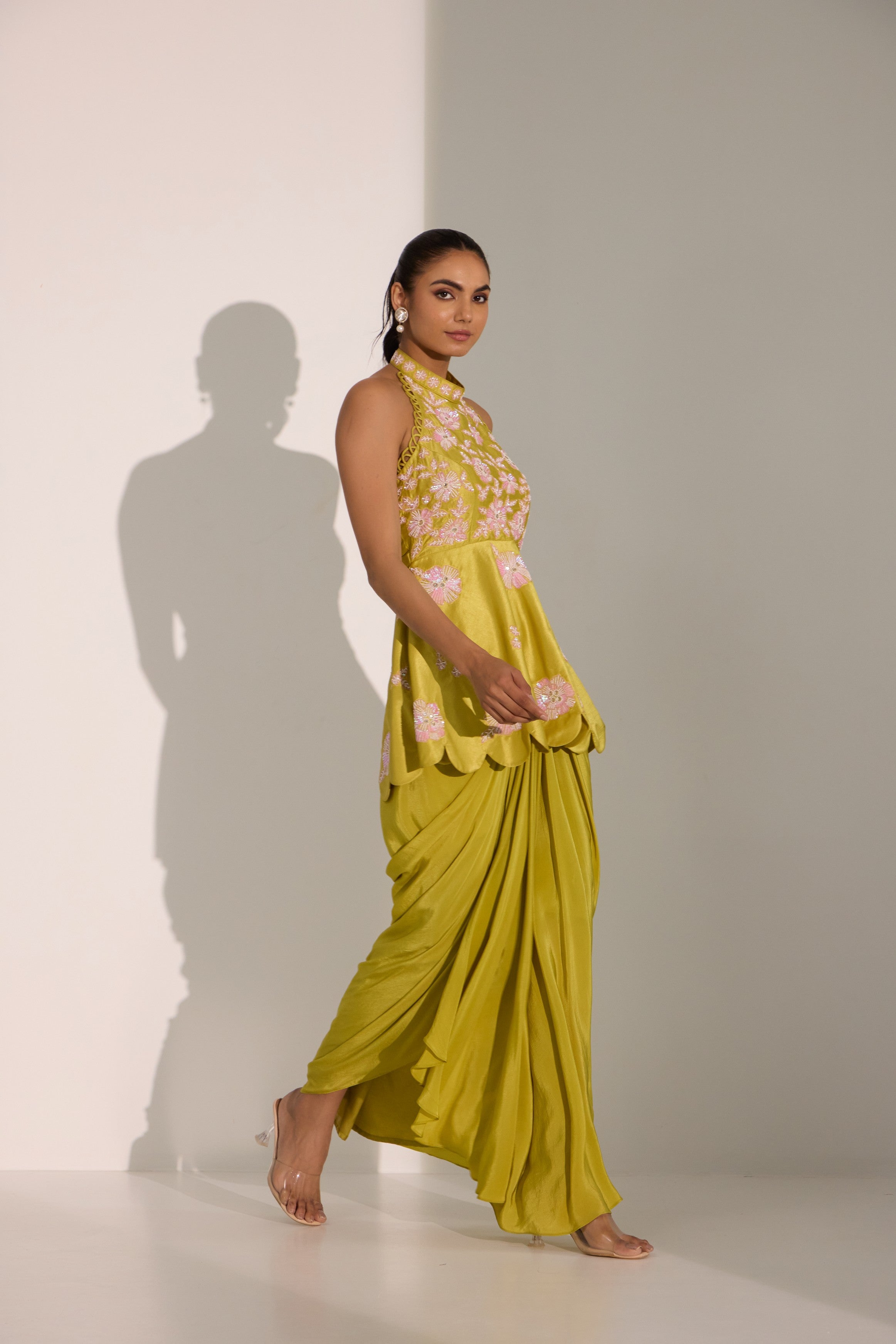 Lime green peplum with drape skirt