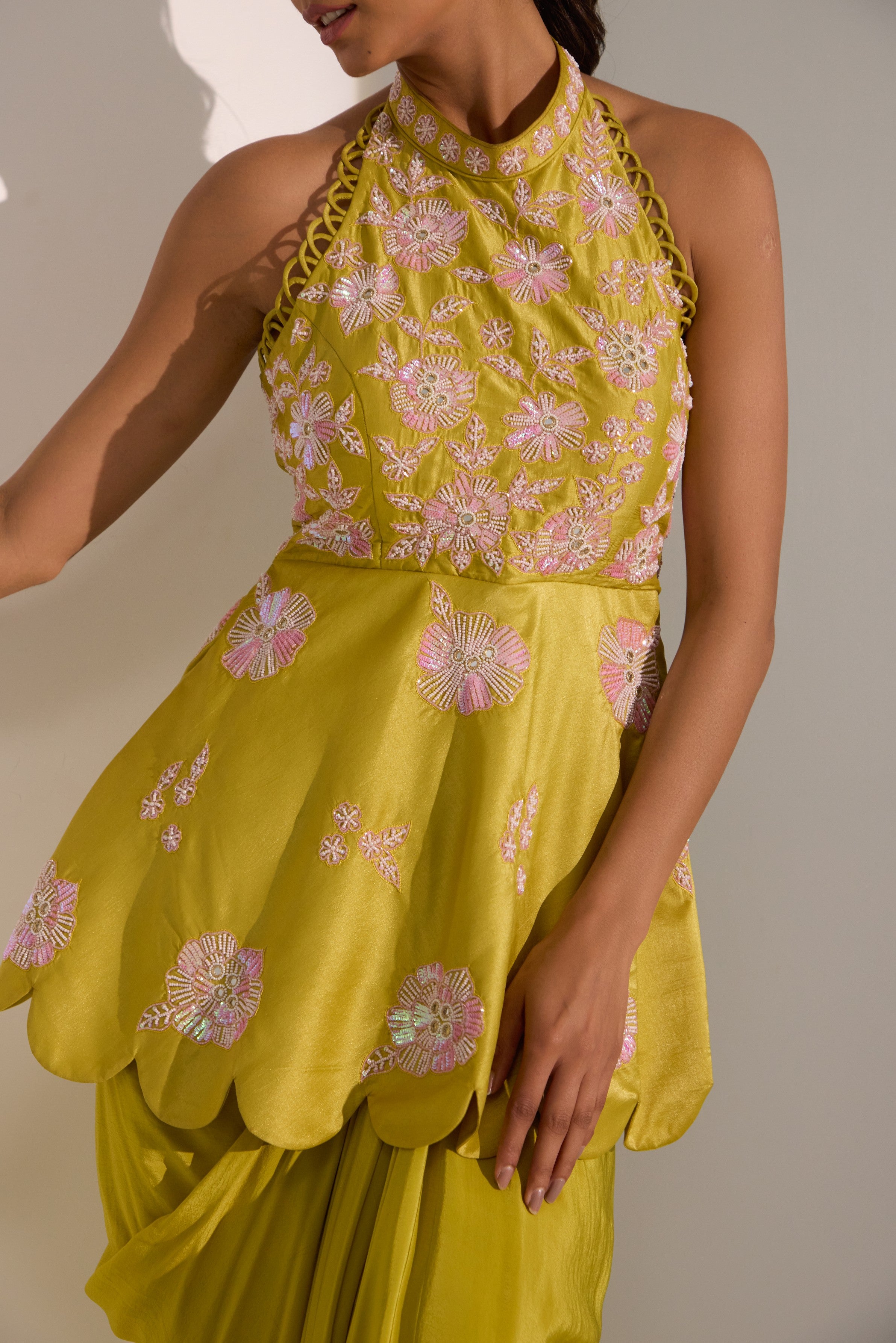 Lime green peplum with drape skirt