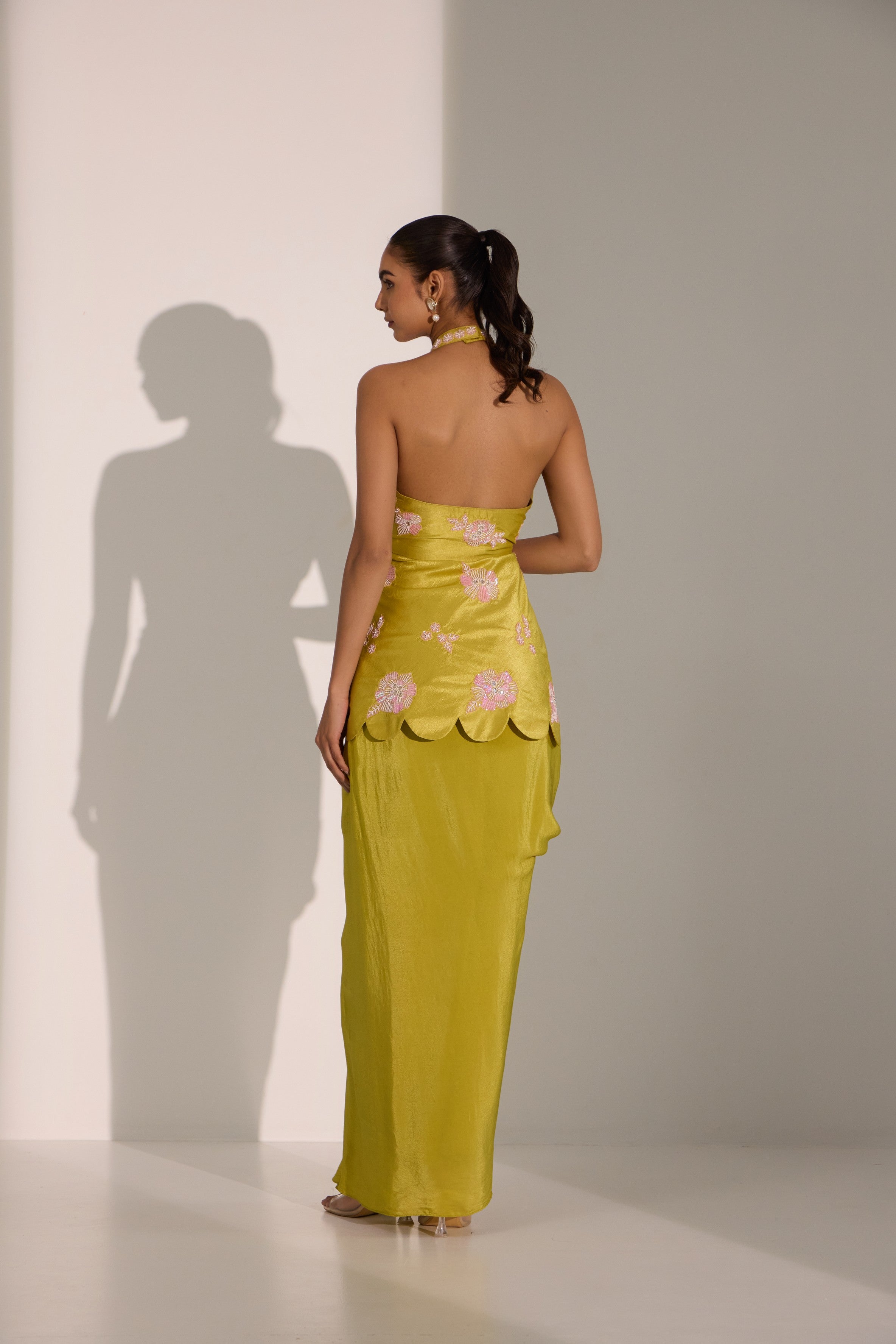 Lime green peplum with drape skirt