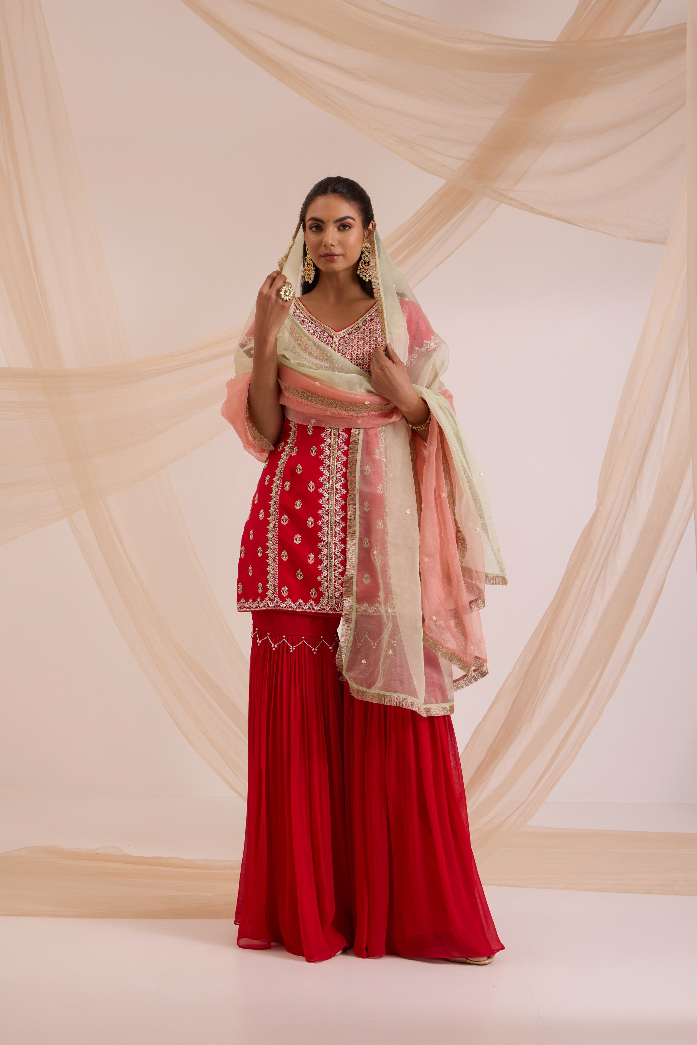Red straight suit with garara & dupatta set