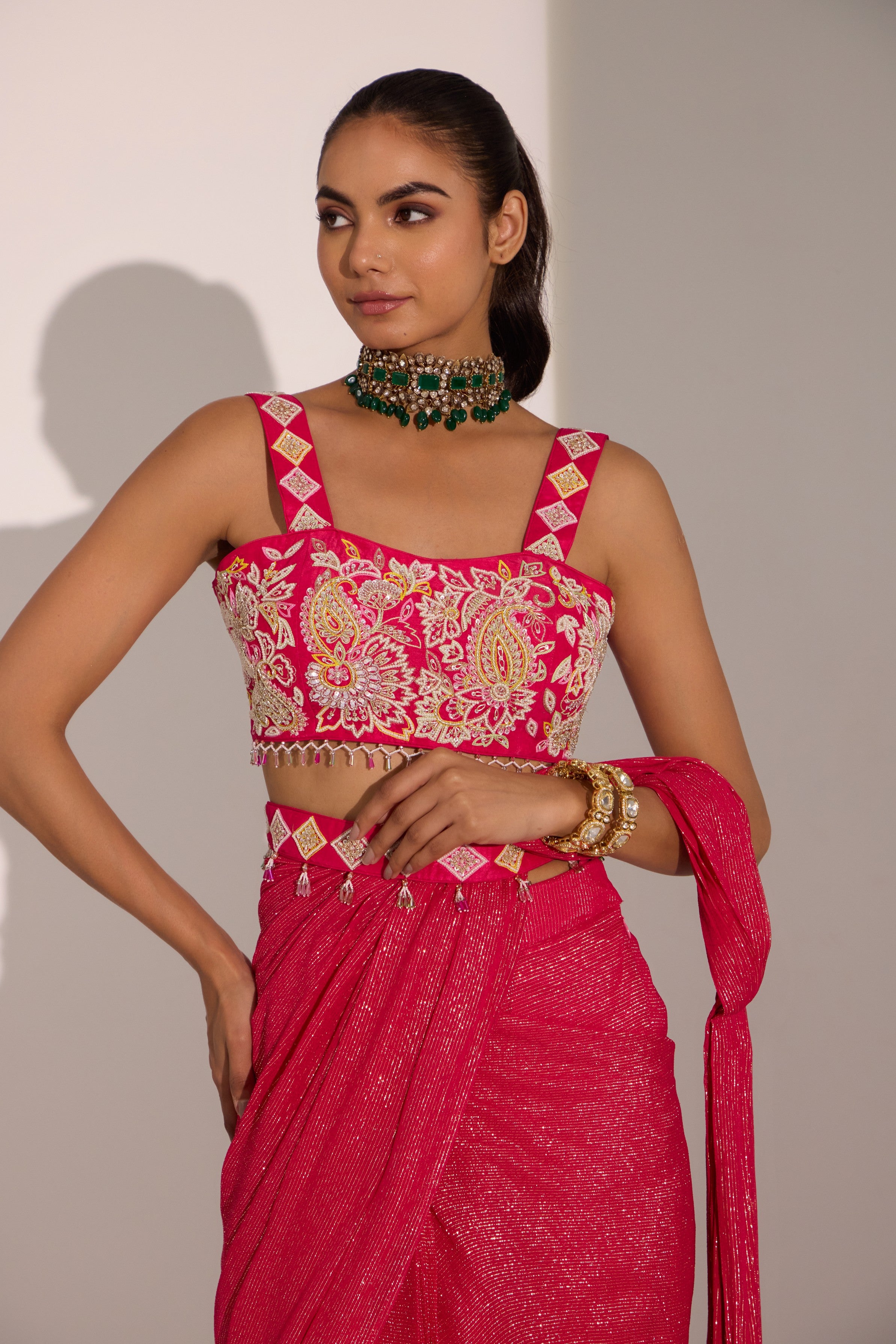 Fuscia pink drape saree wth blouse & detachable belt