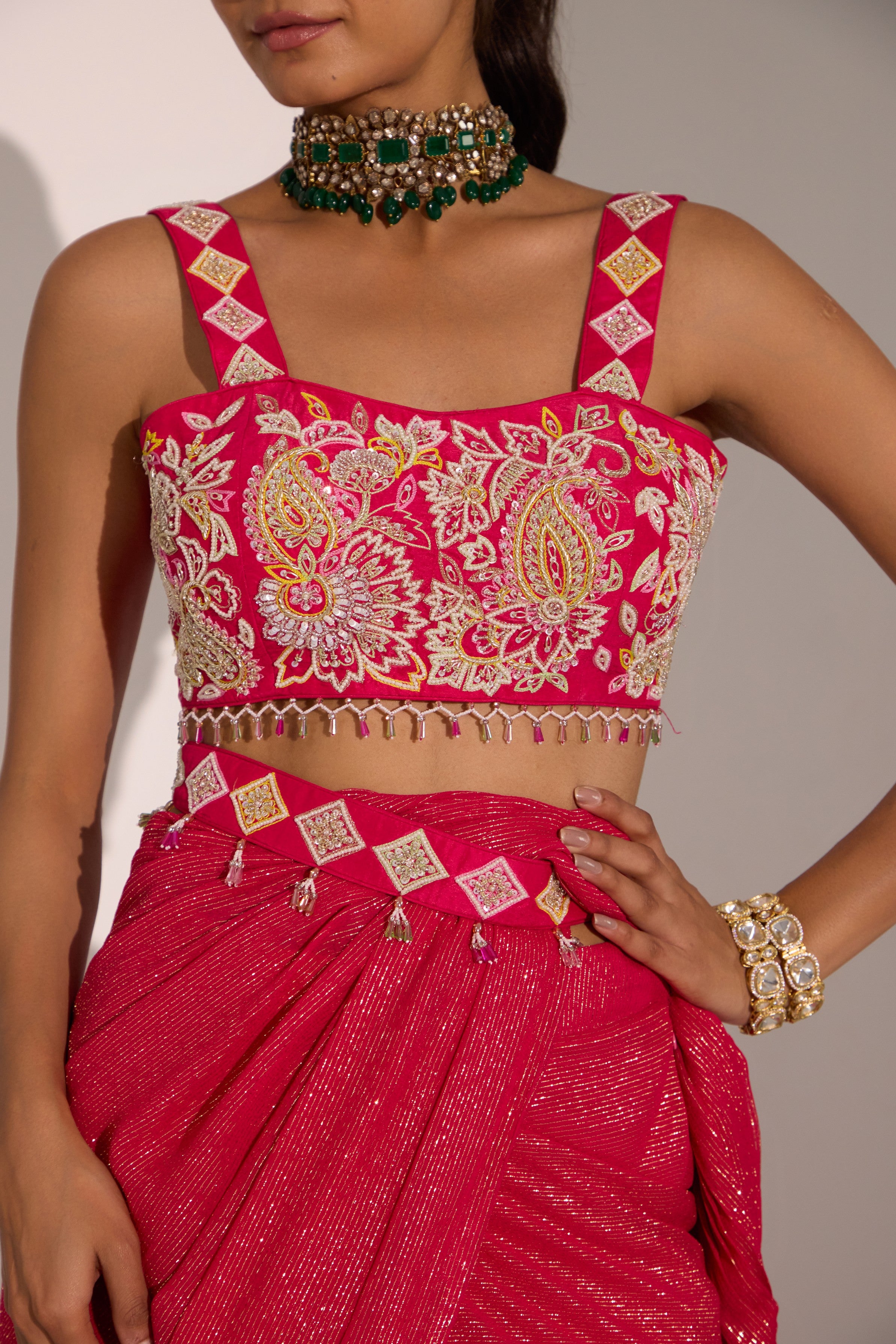 Fuscia pink drape saree wth blouse & detachable belt