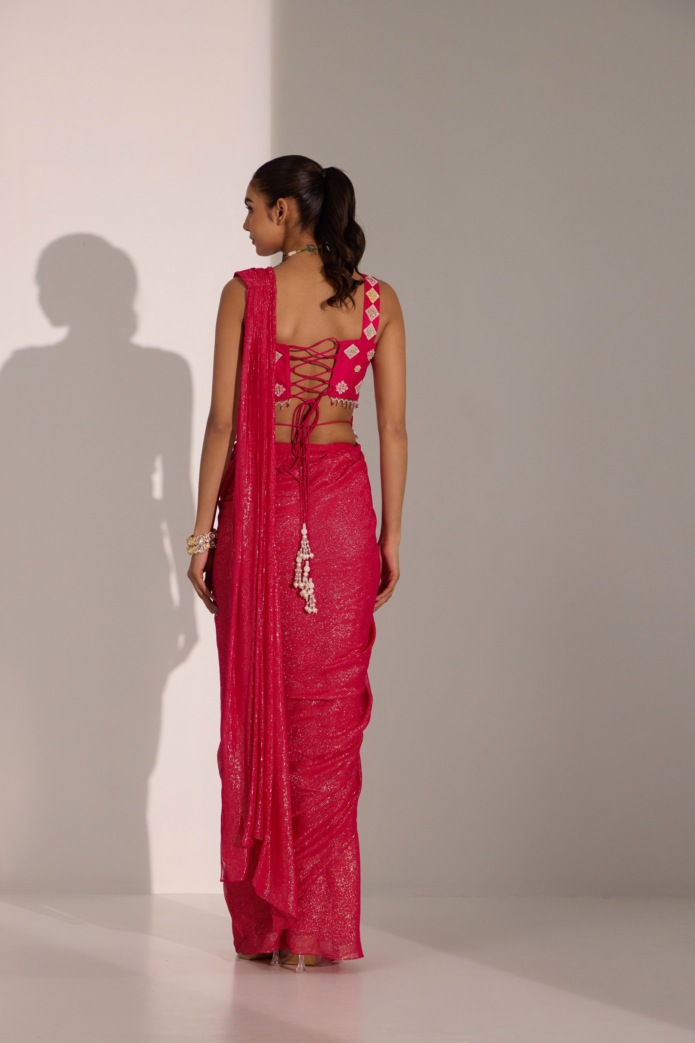 Fuscia pink drape saree wth blouse & detachable belt