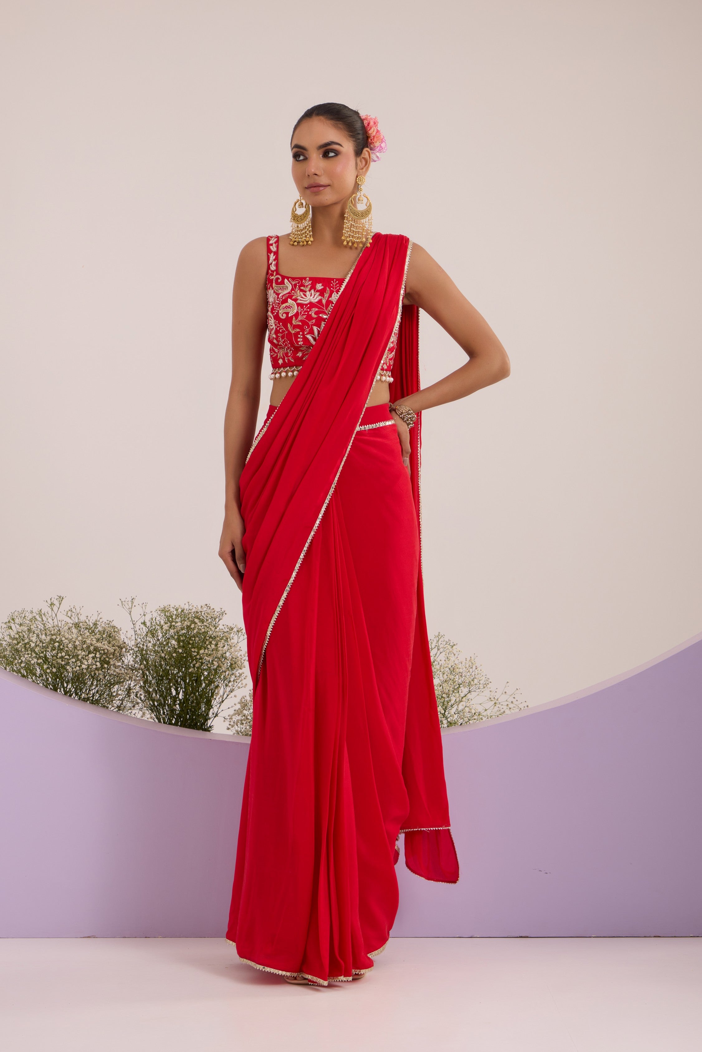 Red drape saree with blouse & detachable belt