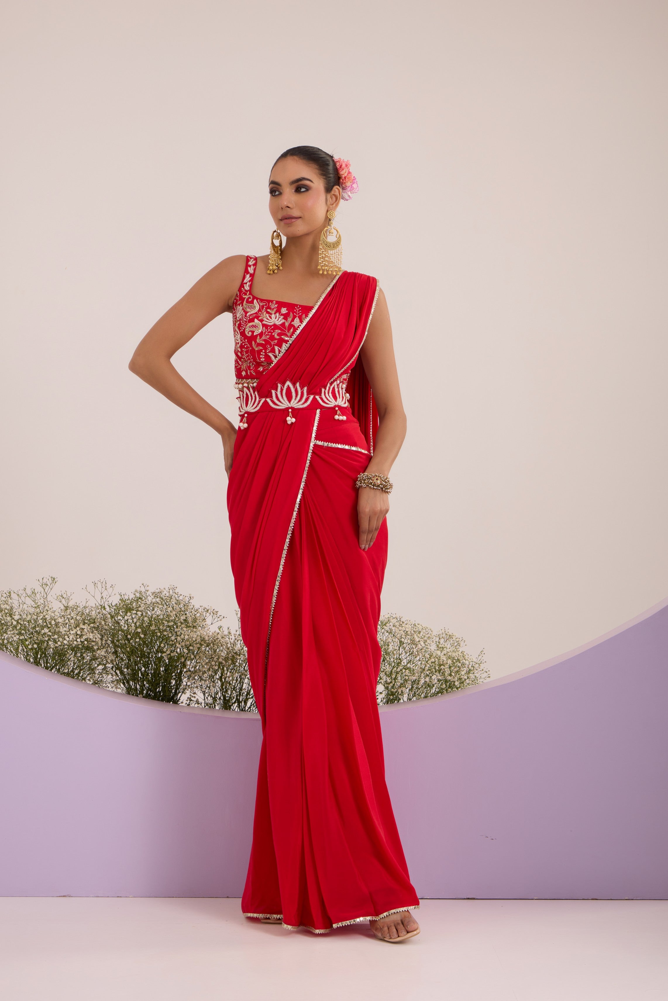 Red drape saree with blouse & detachable belt