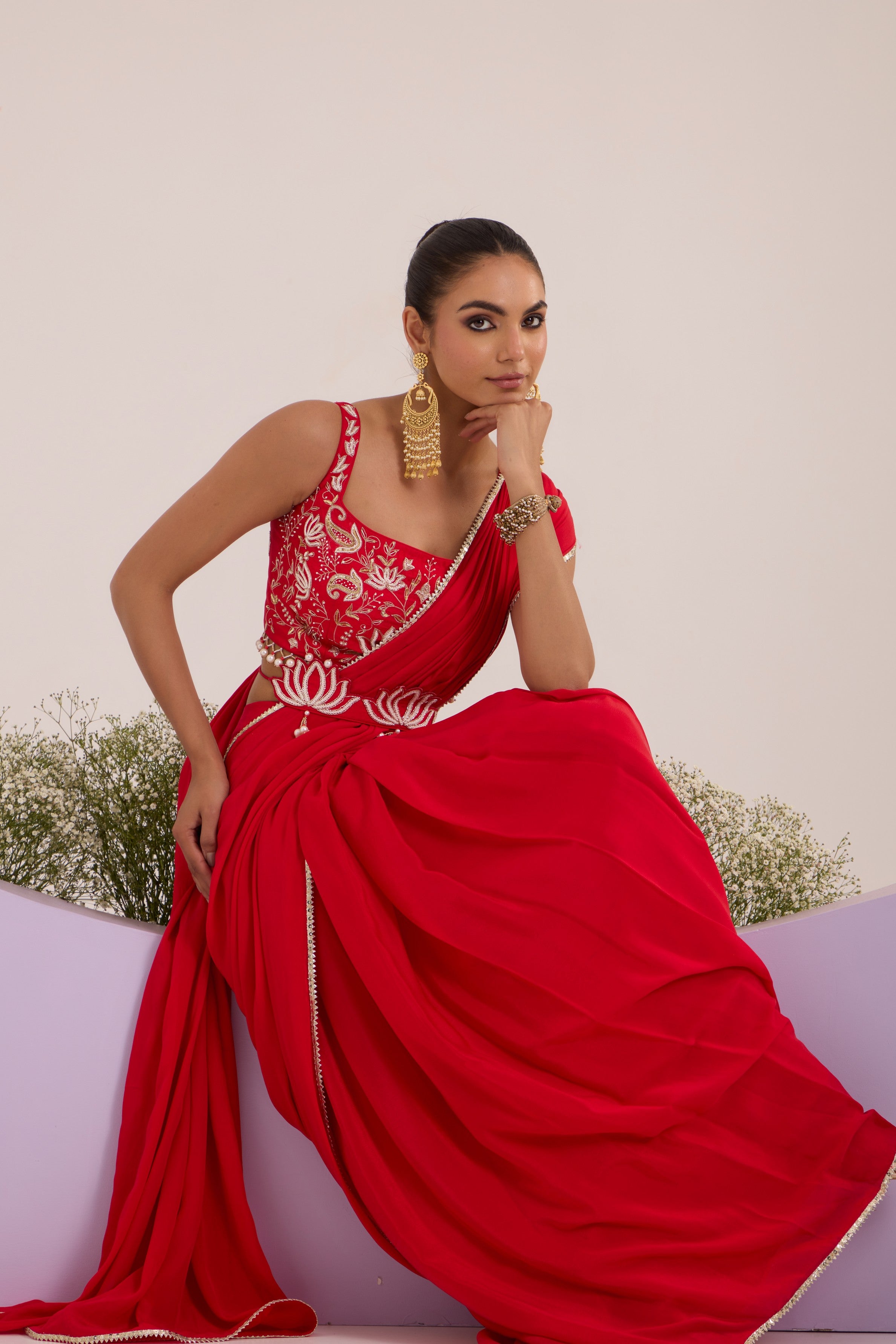 Red drape saree with blouse & detachable belt