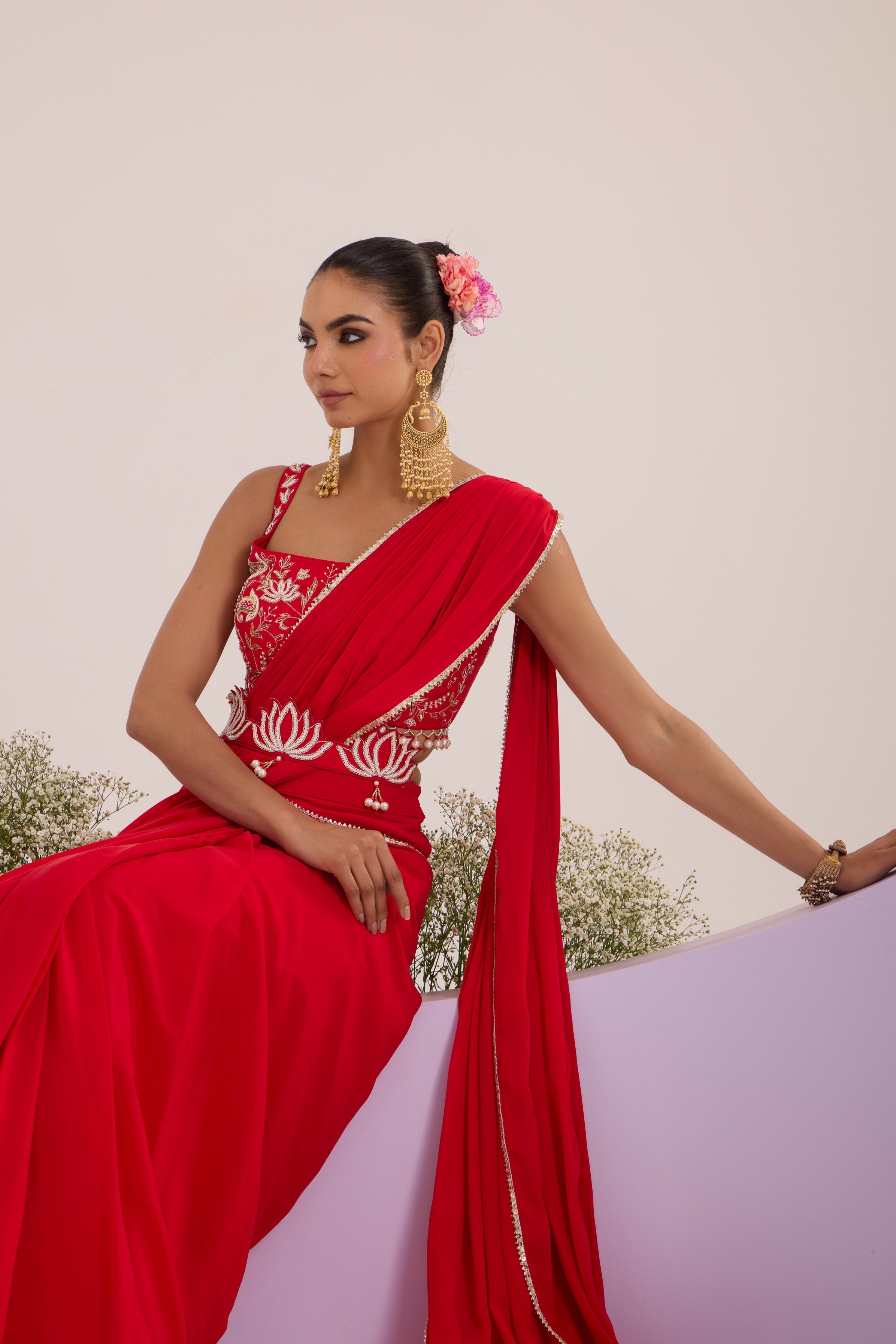 Red drape saree with blouse & detachable belt