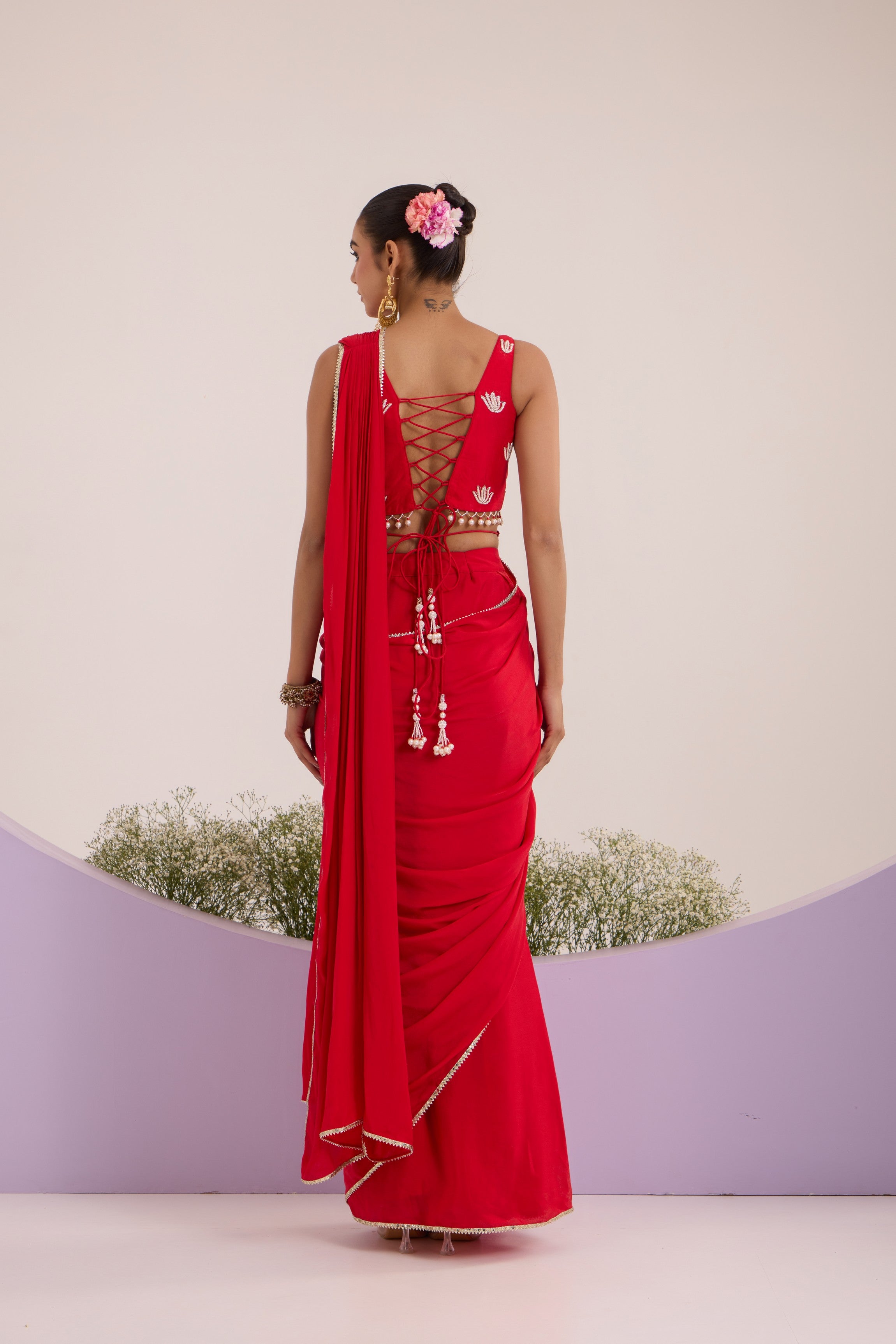 Red drape saree with blouse & detachable belt