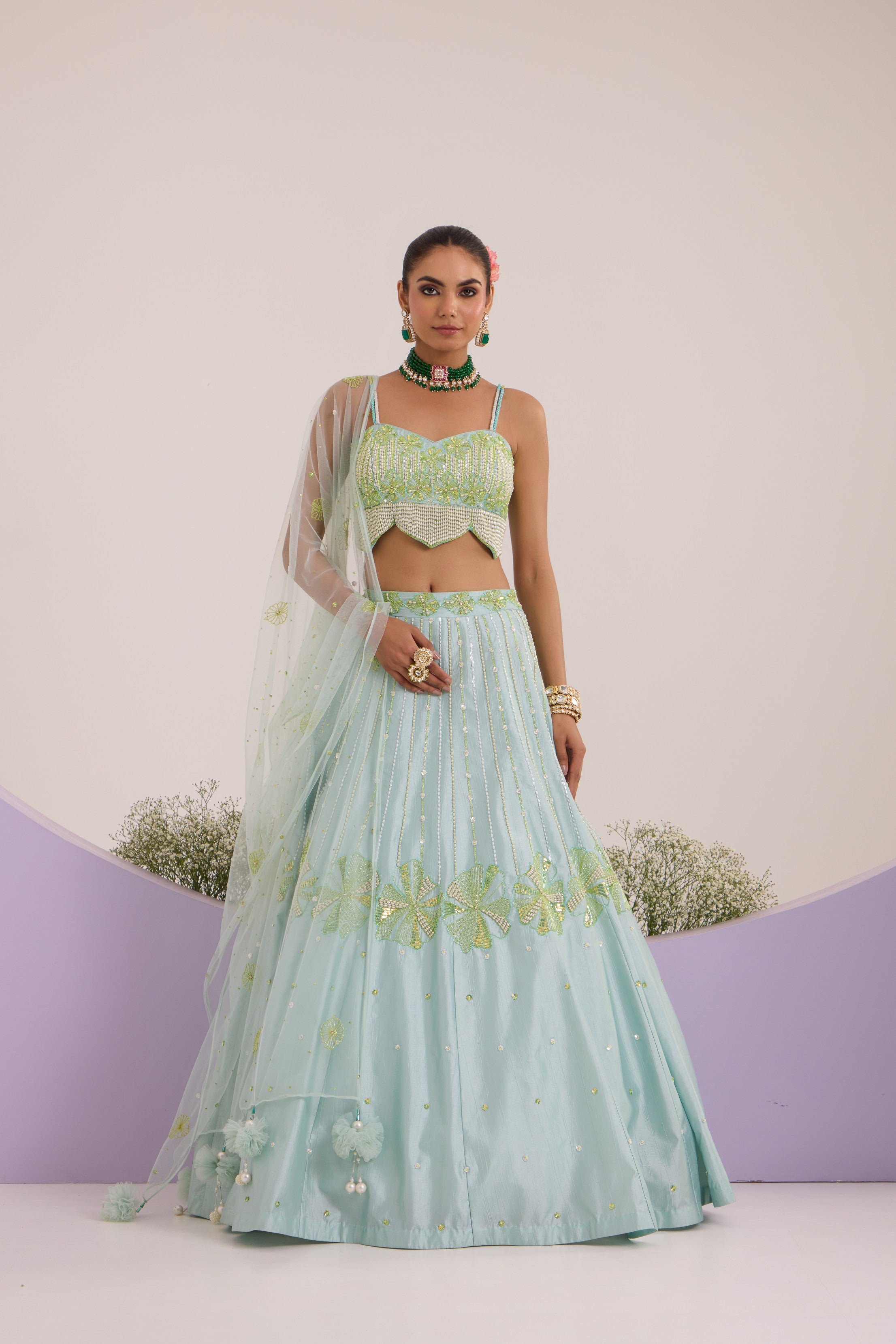 Aqua blue lehanga with blouse & dupatta set