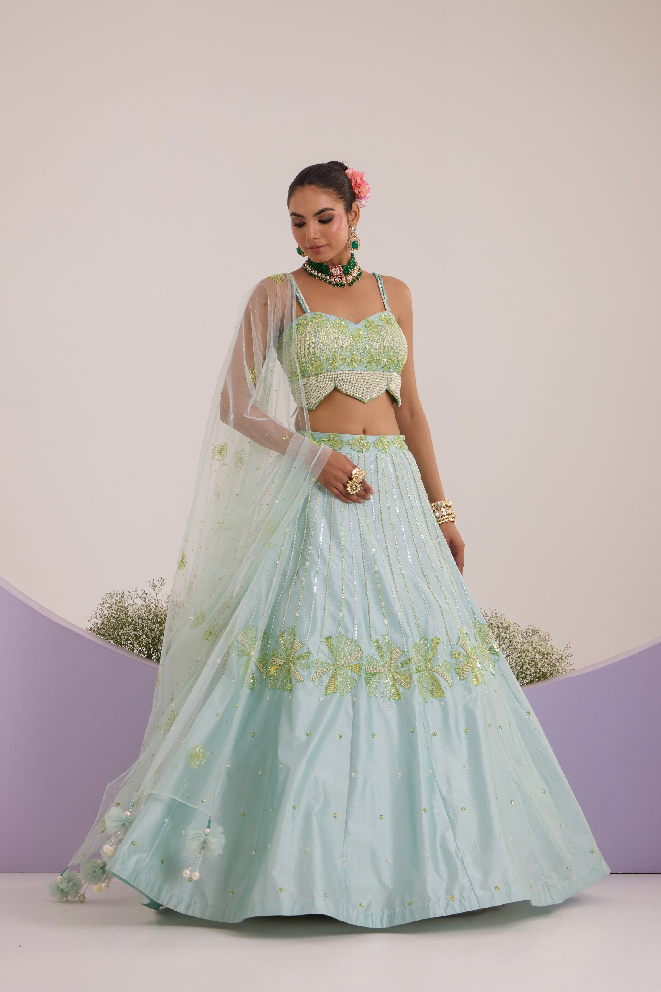 Aqua blue lehanga with blouse & dupatta set