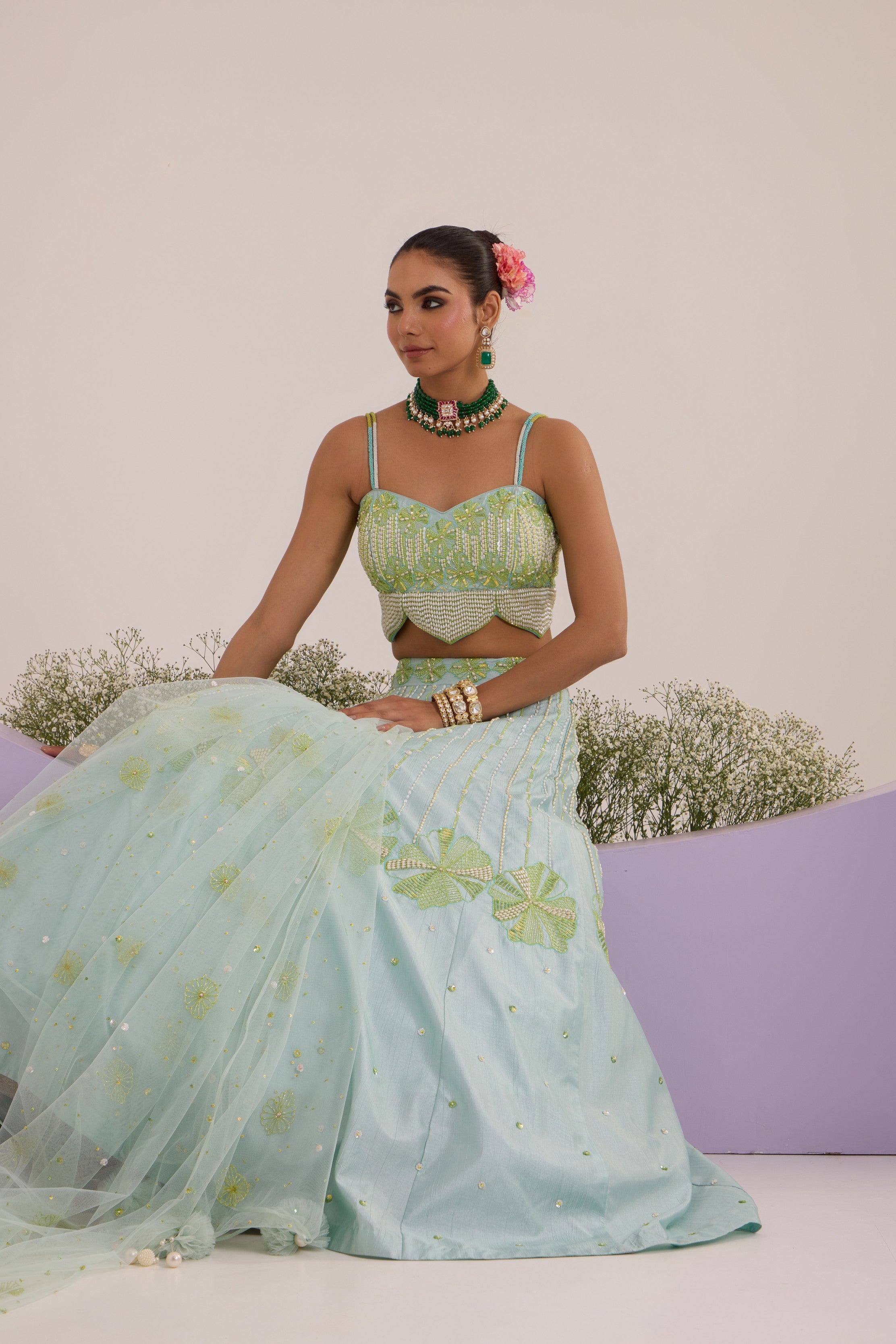 Aqua blue lehanga with blouse & dupatta set