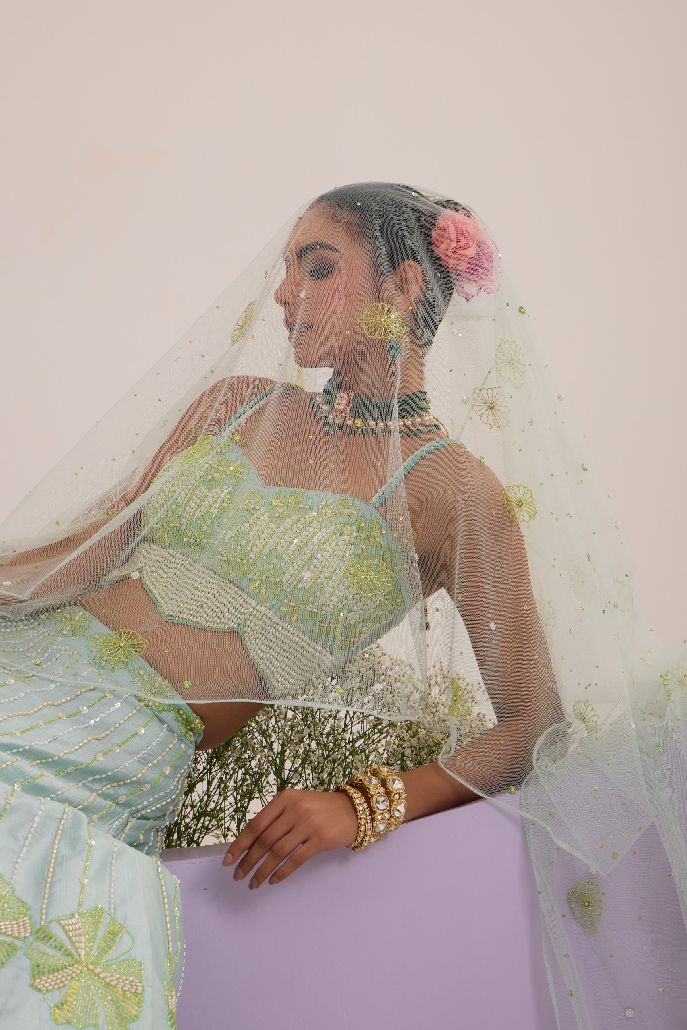 Aqua blue lehanga with blouse & dupatta set