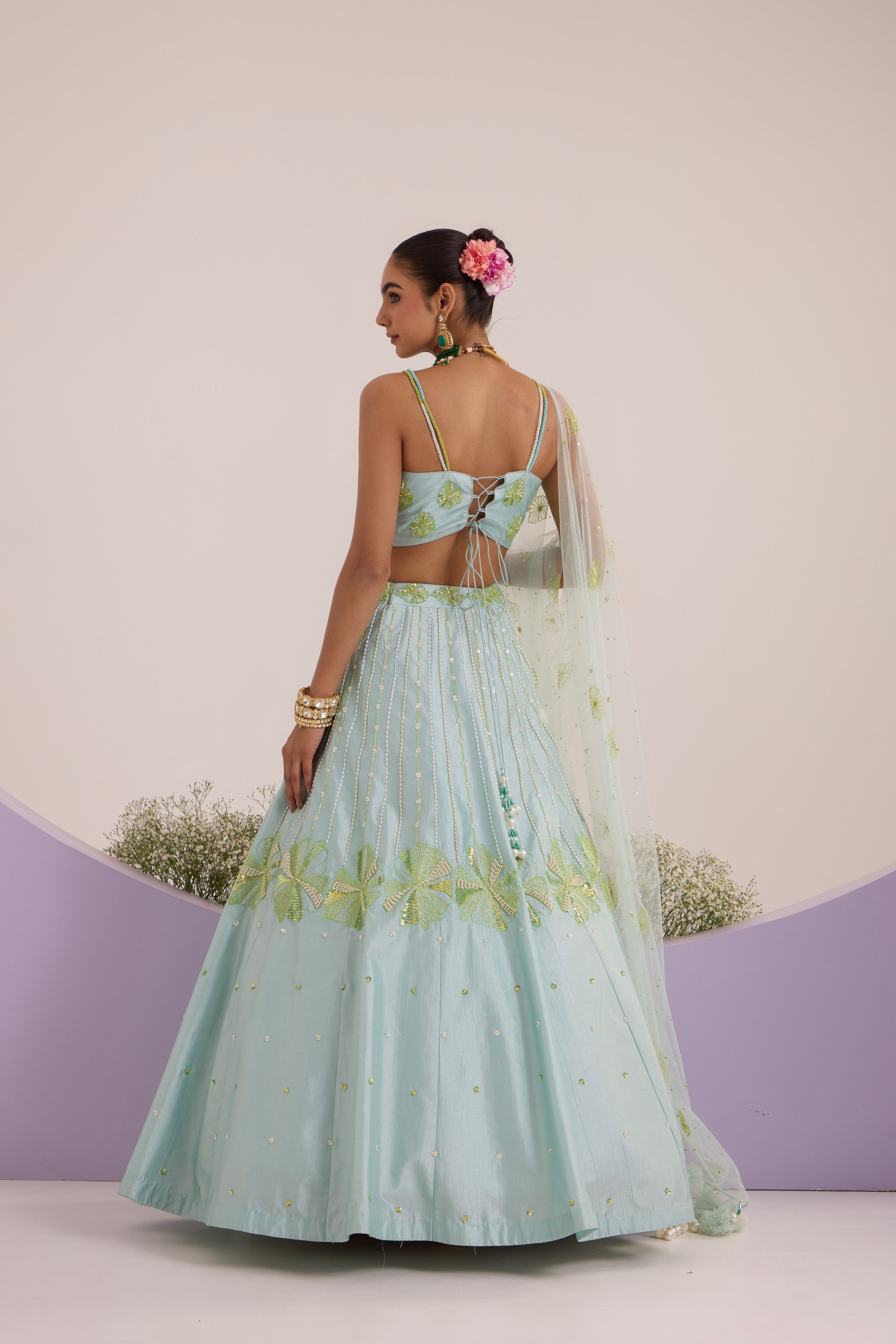 Aqua blue lehanga with blouse & dupatta set