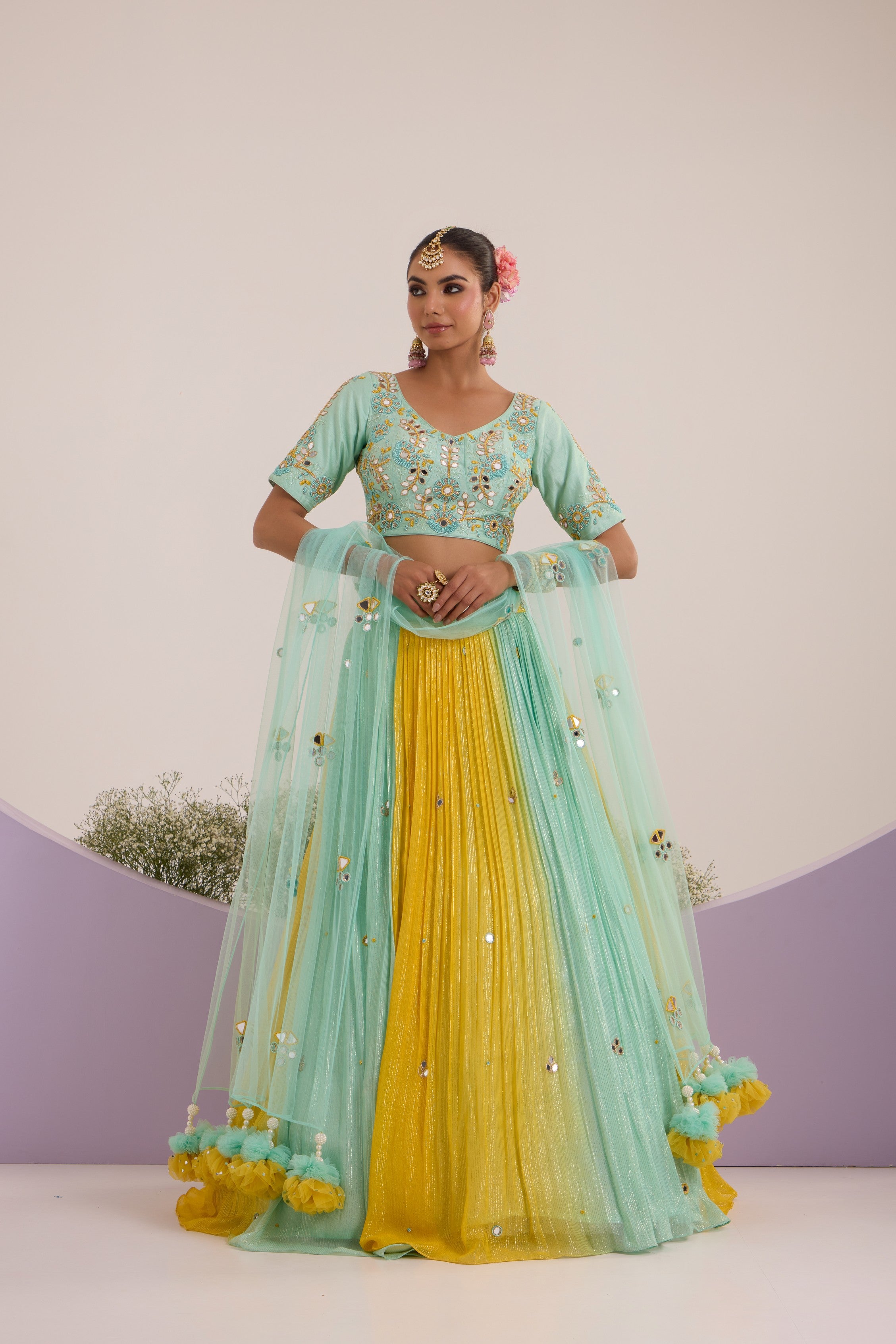 Aqua blue & yellow pop-up lehanga with blouse & dupatta set