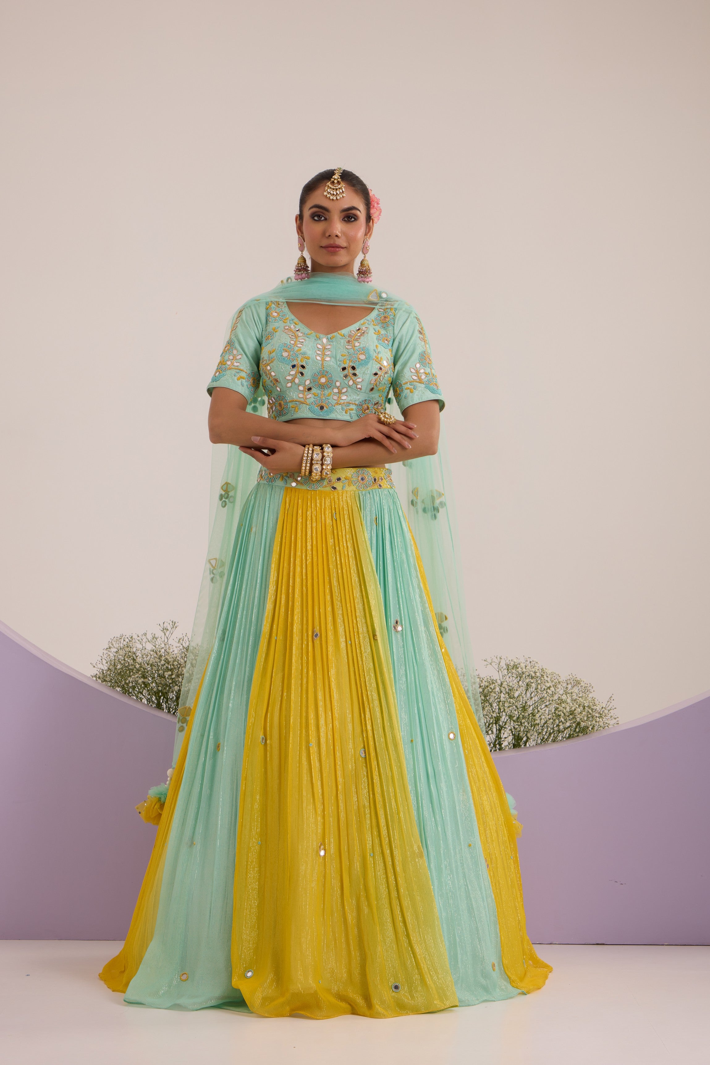Aqua blue & yellow pop-up lehanga with blouse & dupatta set