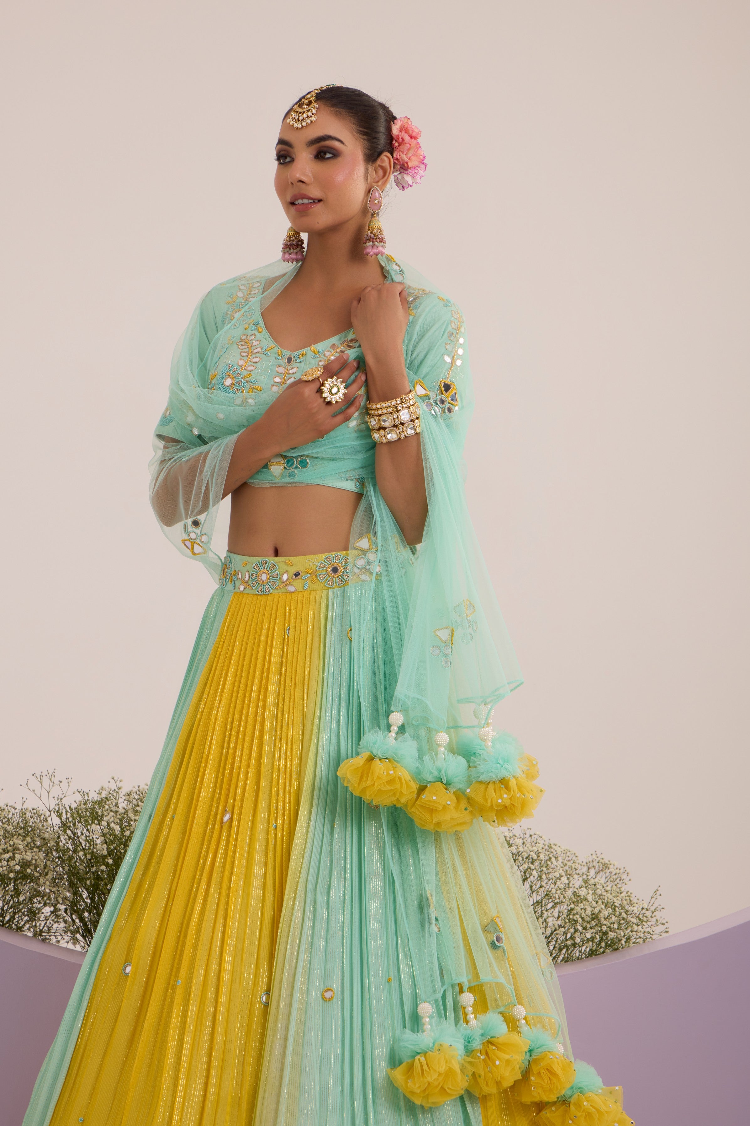 Aqua blue & yellow pop-up lehanga with blouse & dupatta set