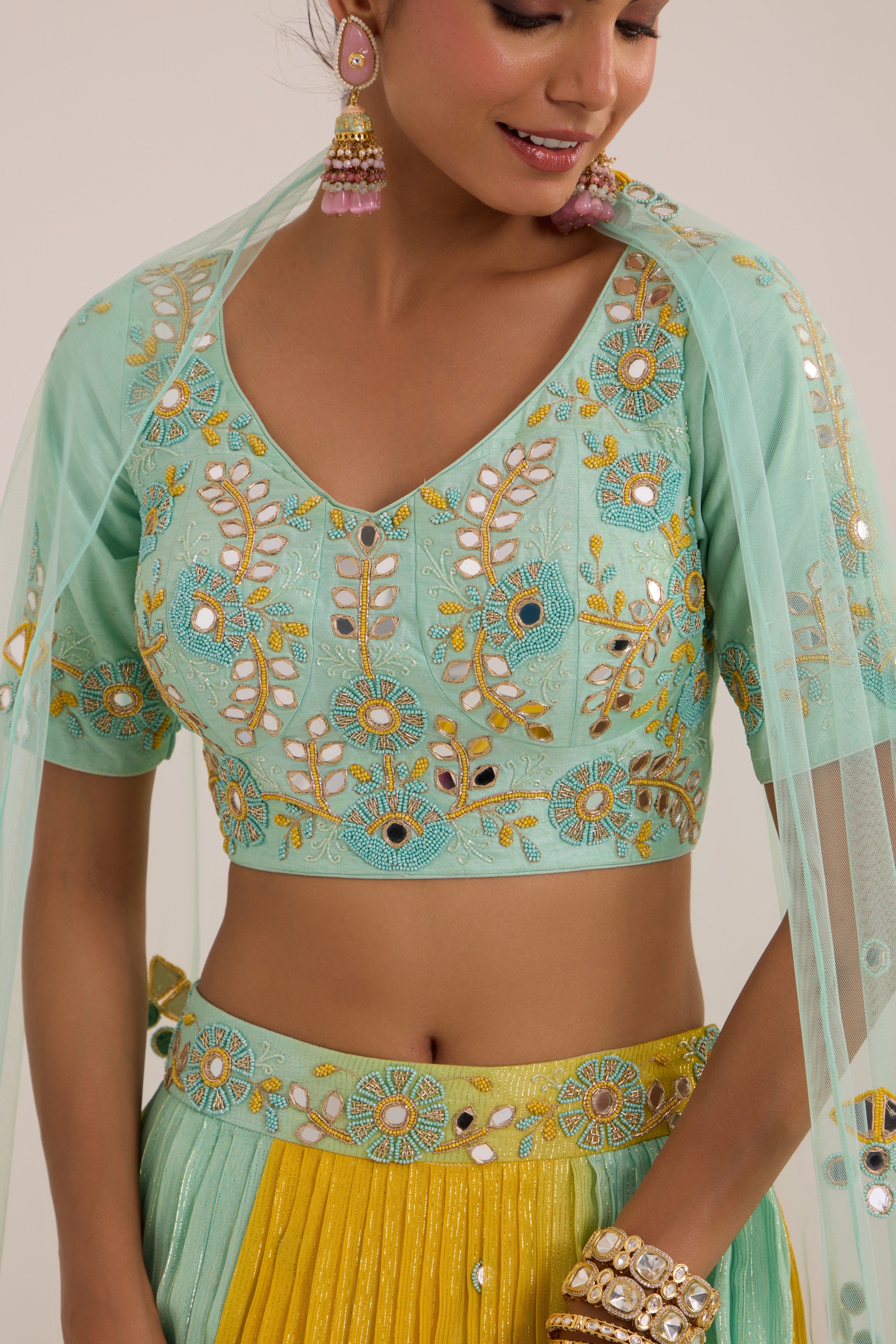 Aqua blue & yellow pop-up lehanga with blouse & dupatta set