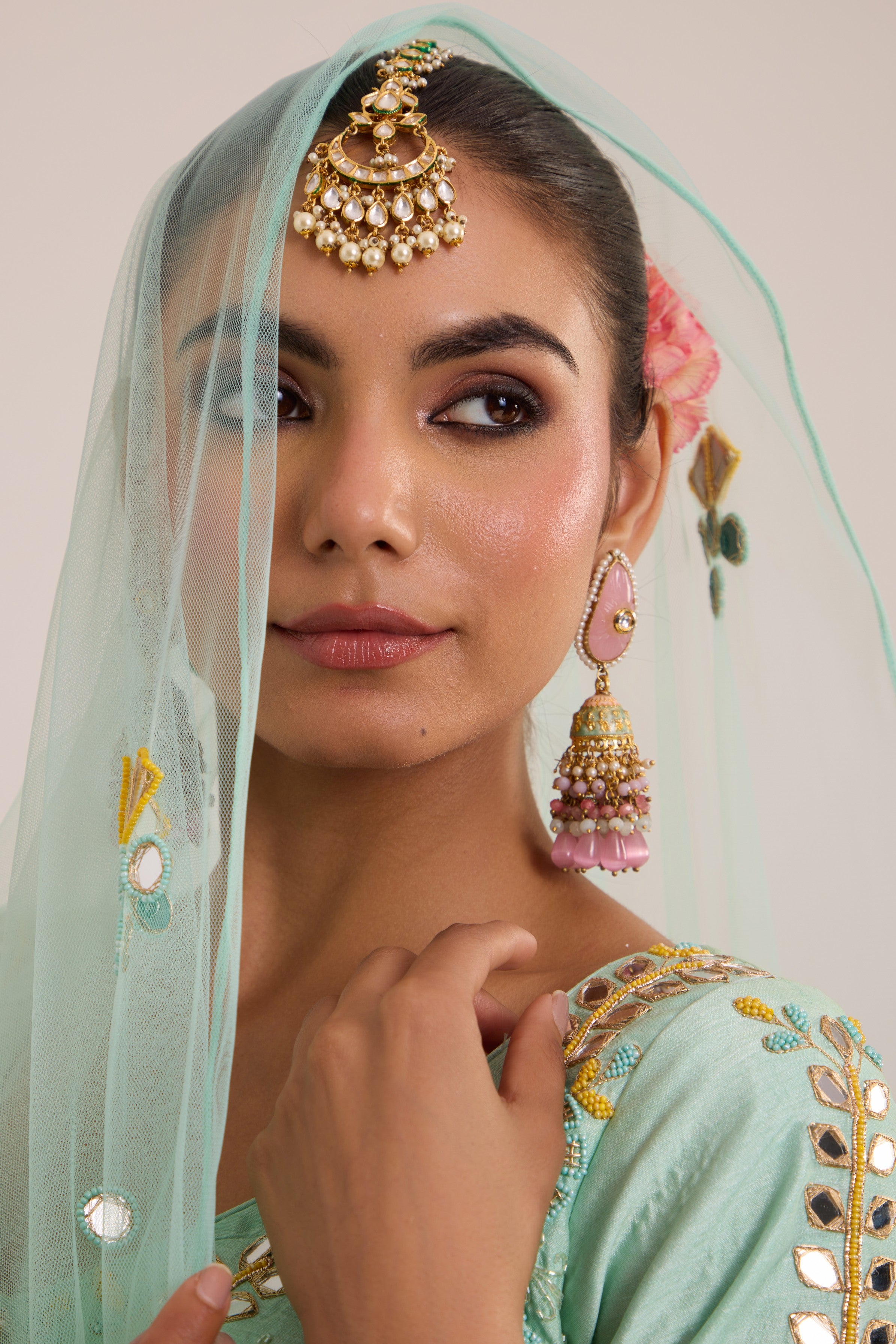 Aqua blue & yellow pop-up lehanga with blouse & dupatta set