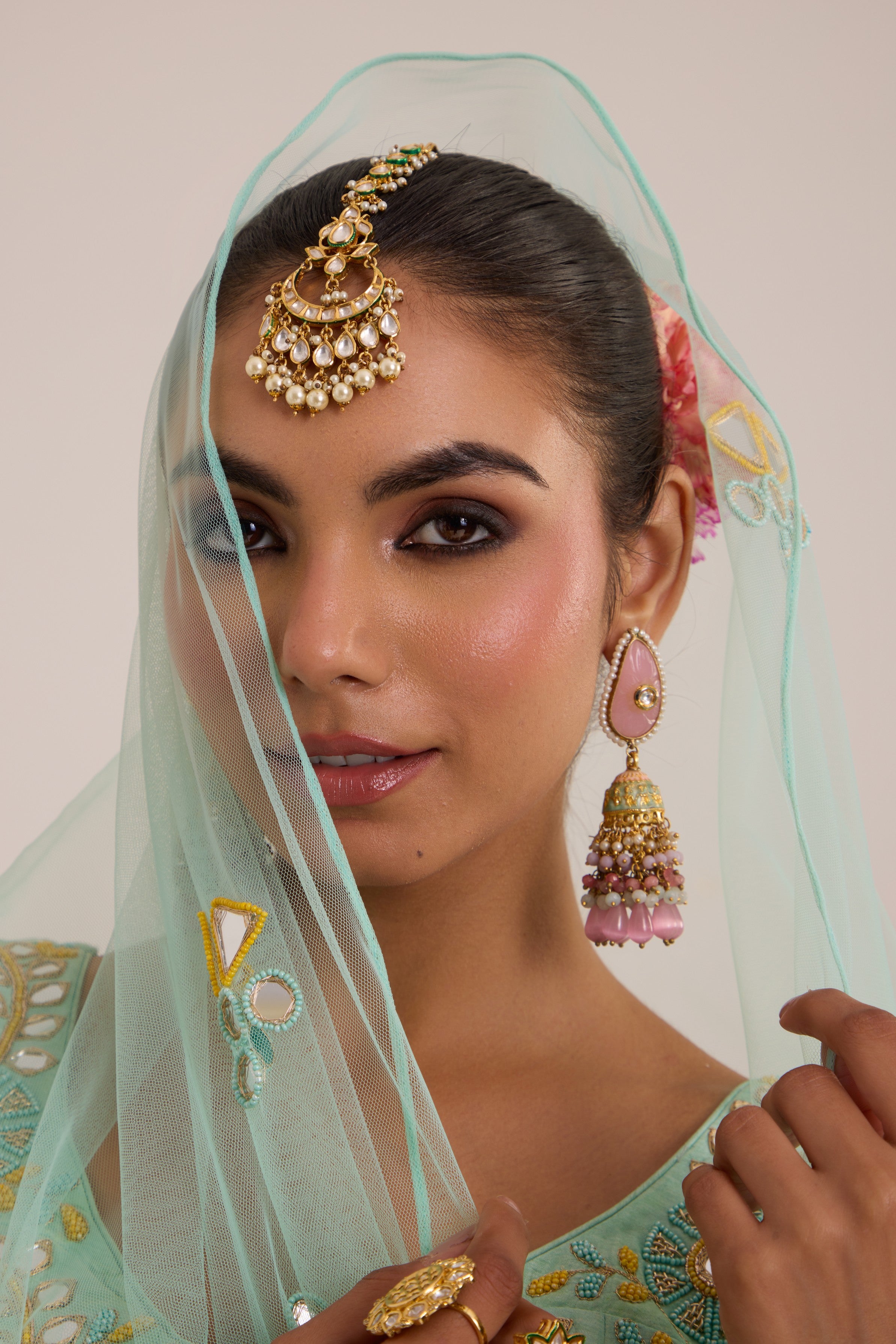 Aqua blue & yellow pop-up lehanga with blouse & dupatta set