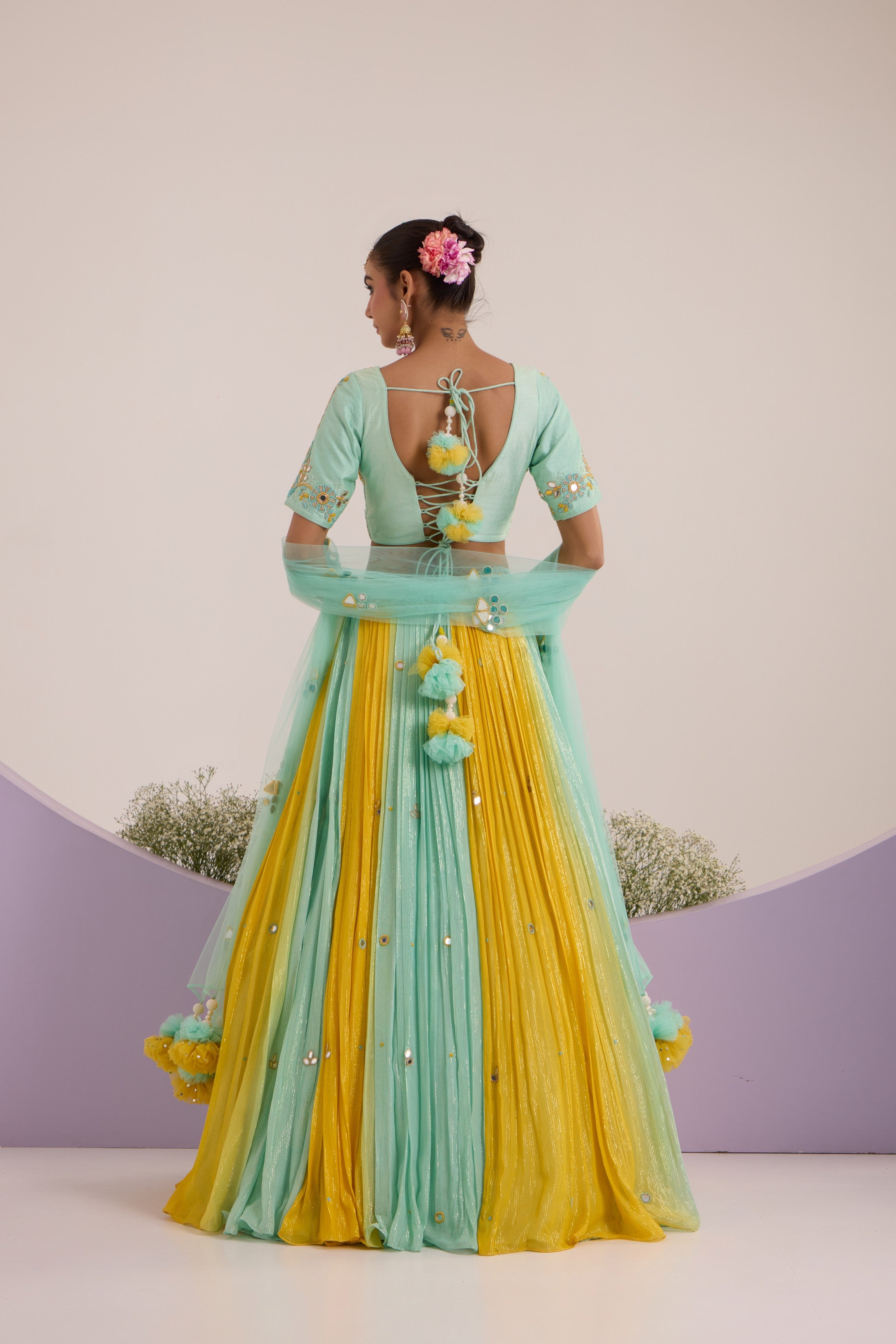 Aqua blue & yellow pop-up lehanga with blouse & dupatta set