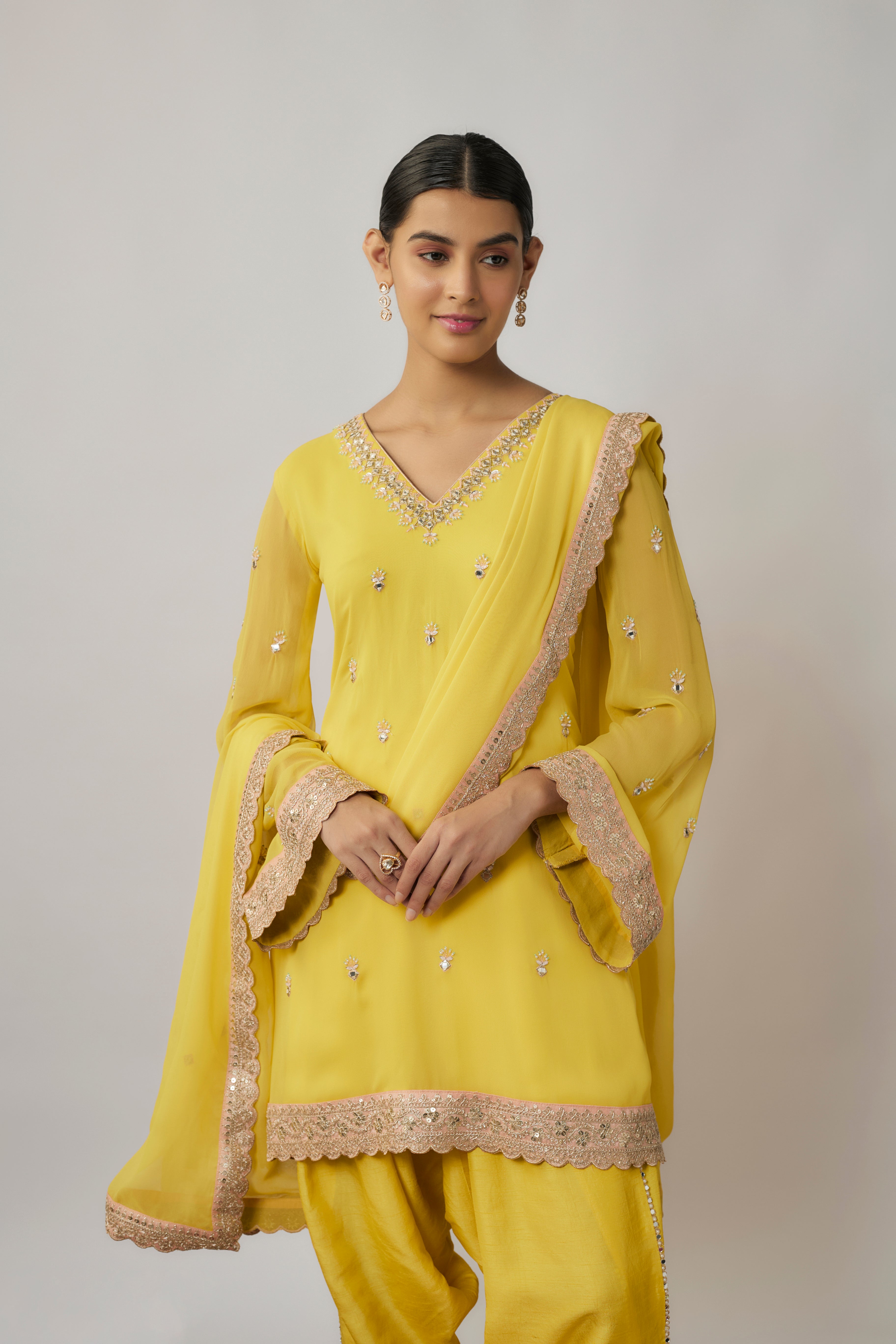 Lemon yellow mirror, sequin and zari embroidered kurta dhoti set