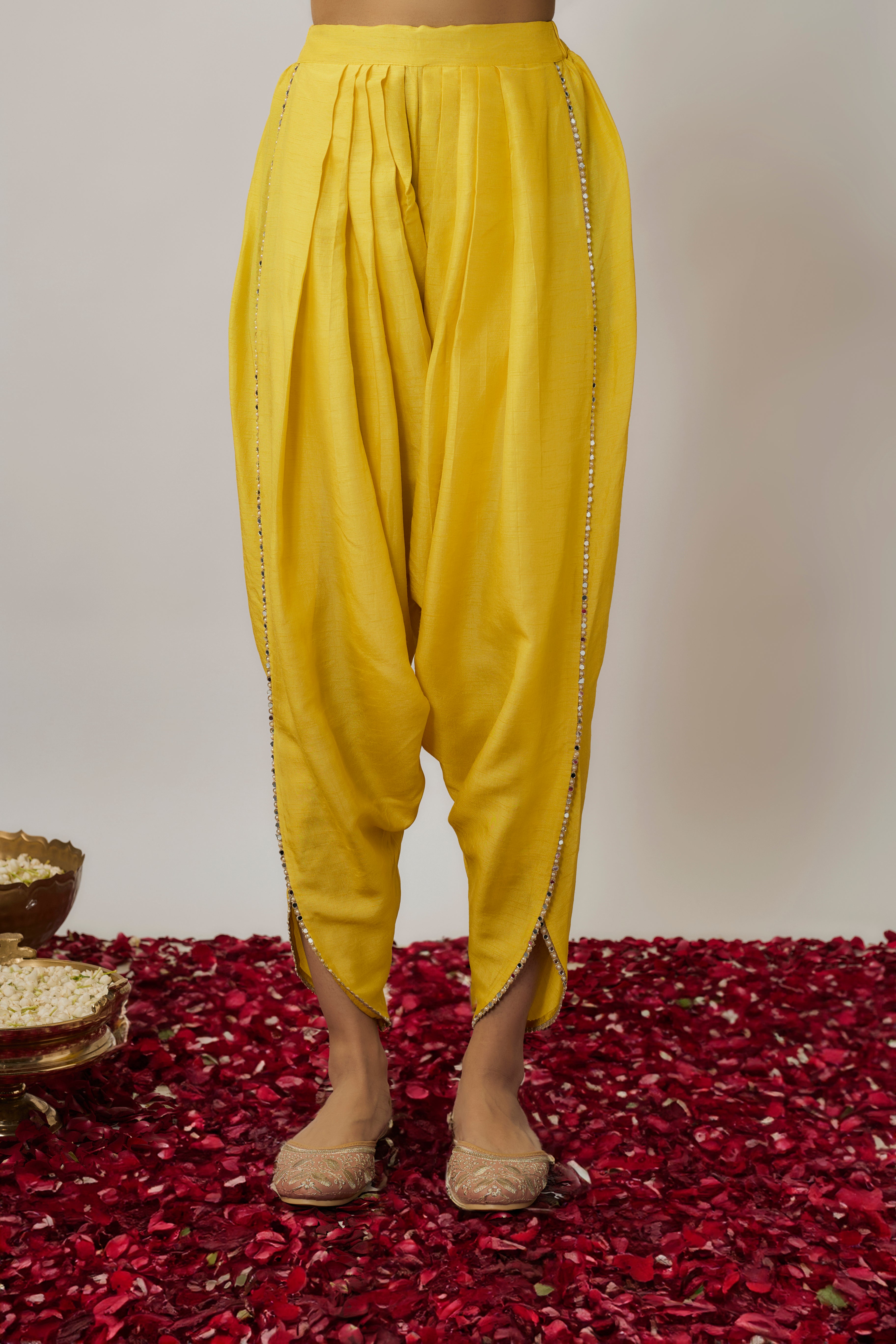 Lemon yellow mirror, sequin and zari embroidered kurta dhoti set