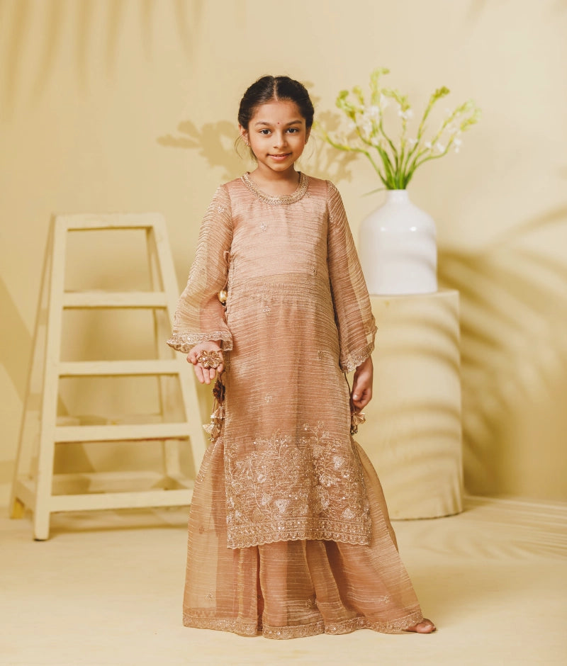 Peach Tissue Embroidery Long Kurti with Sharara