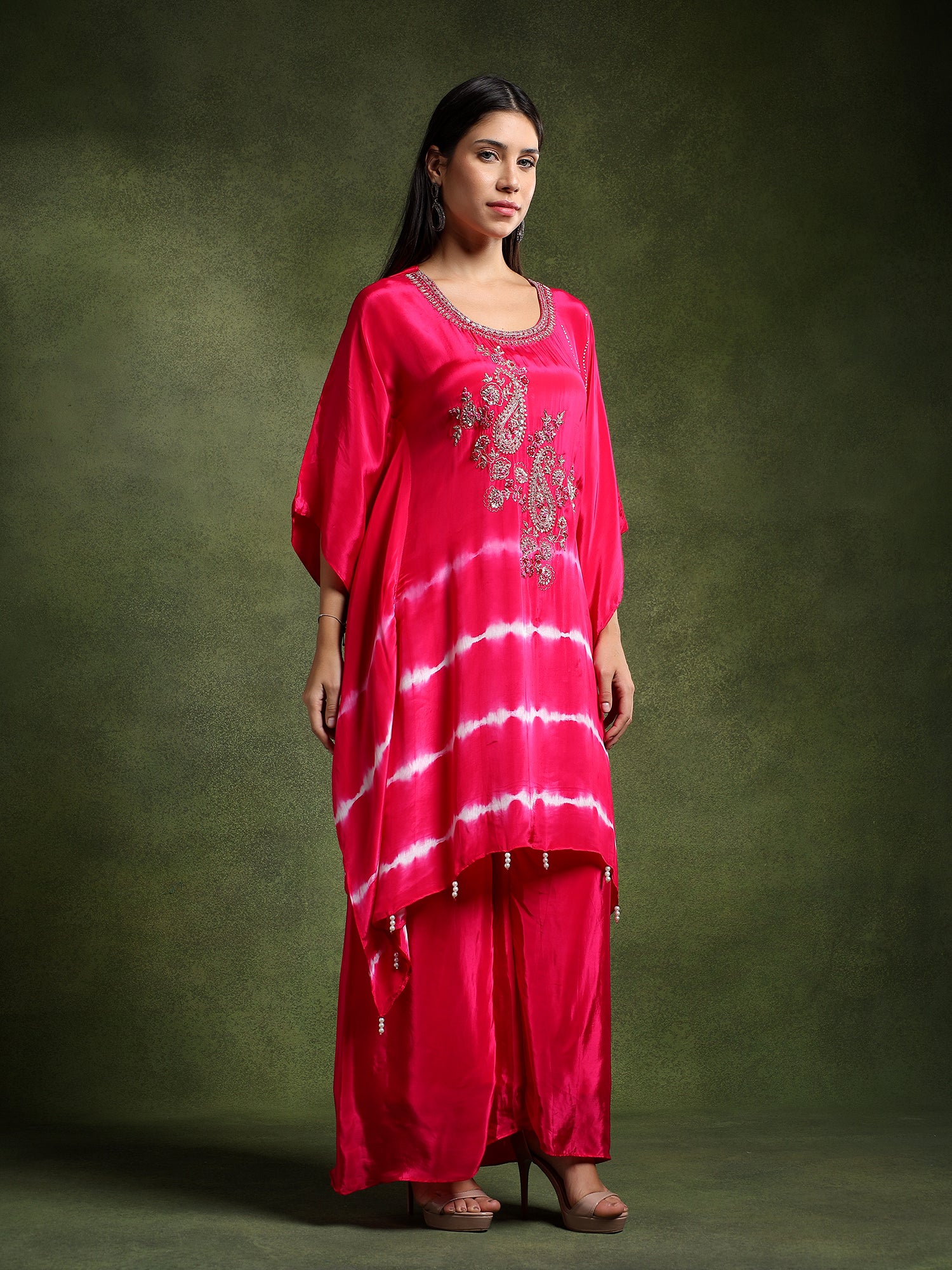 Fuschia Crepe Hand Embroidered Batik Print Cord Set