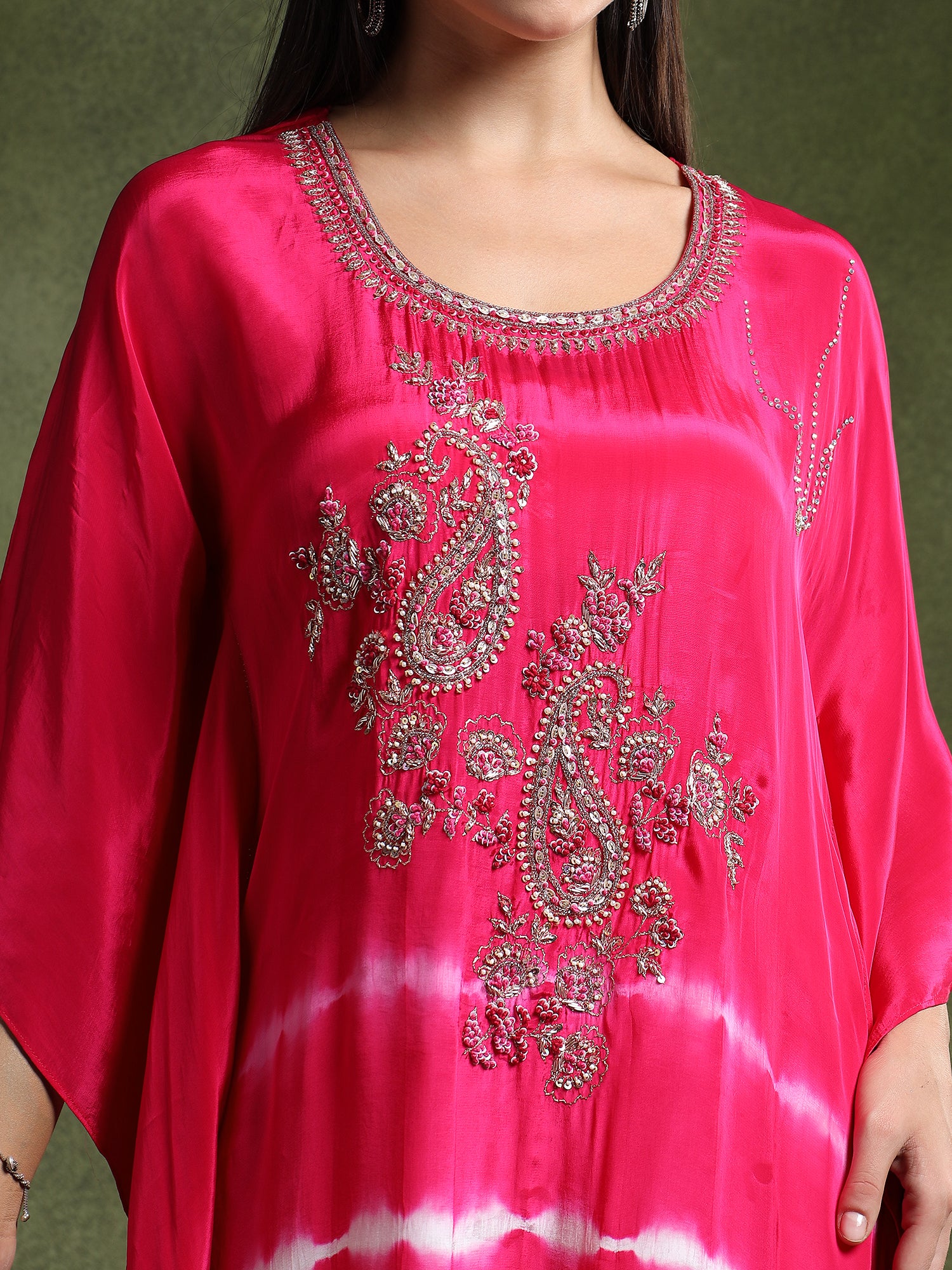 Fuschia Crepe Hand Embroidered Batik Print Cord Set