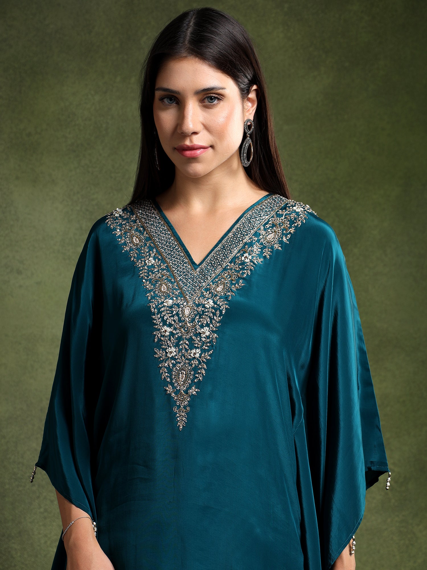Teal Crepe Hand Embroidered Kaftan with Pants