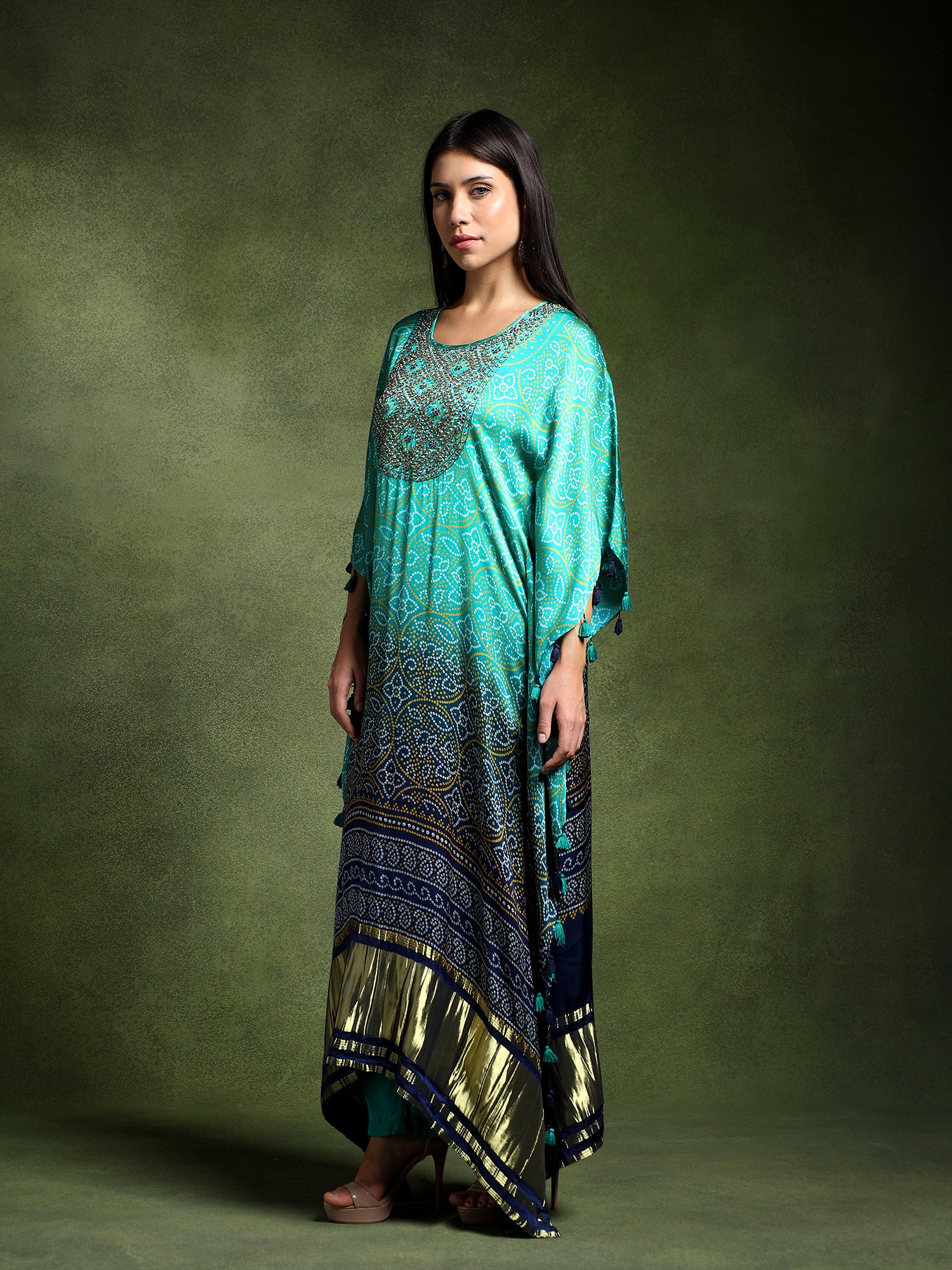 Long Hand Embroidered Satin Silk Bandhej Kaftan