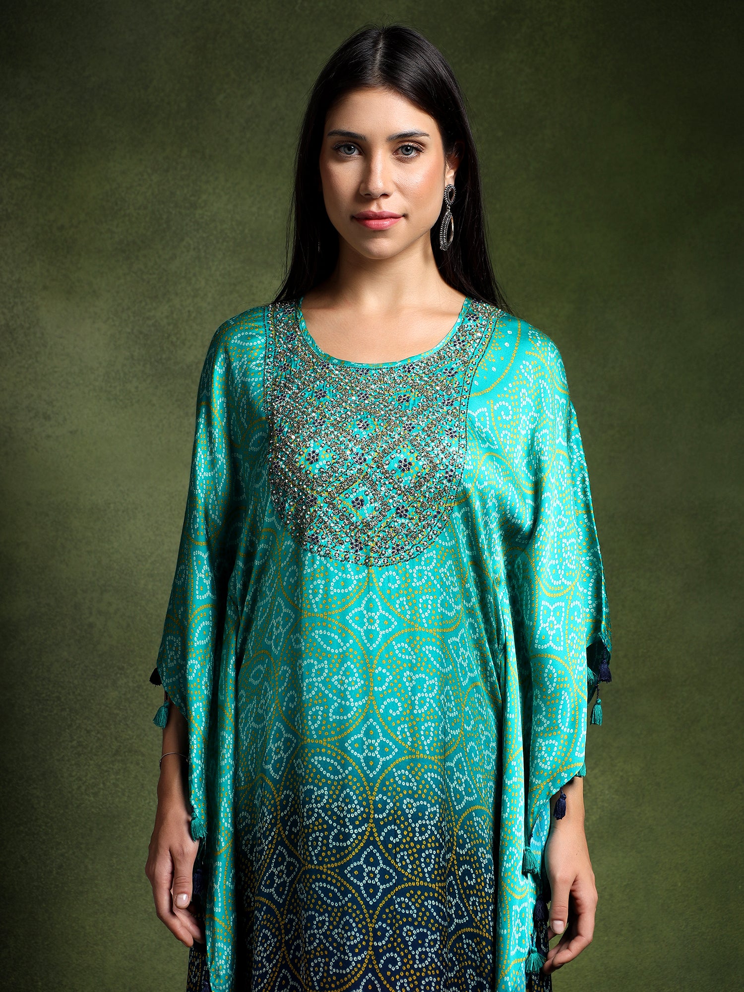 Long Hand Embroidered Satin Silk Bandhej Kaftan