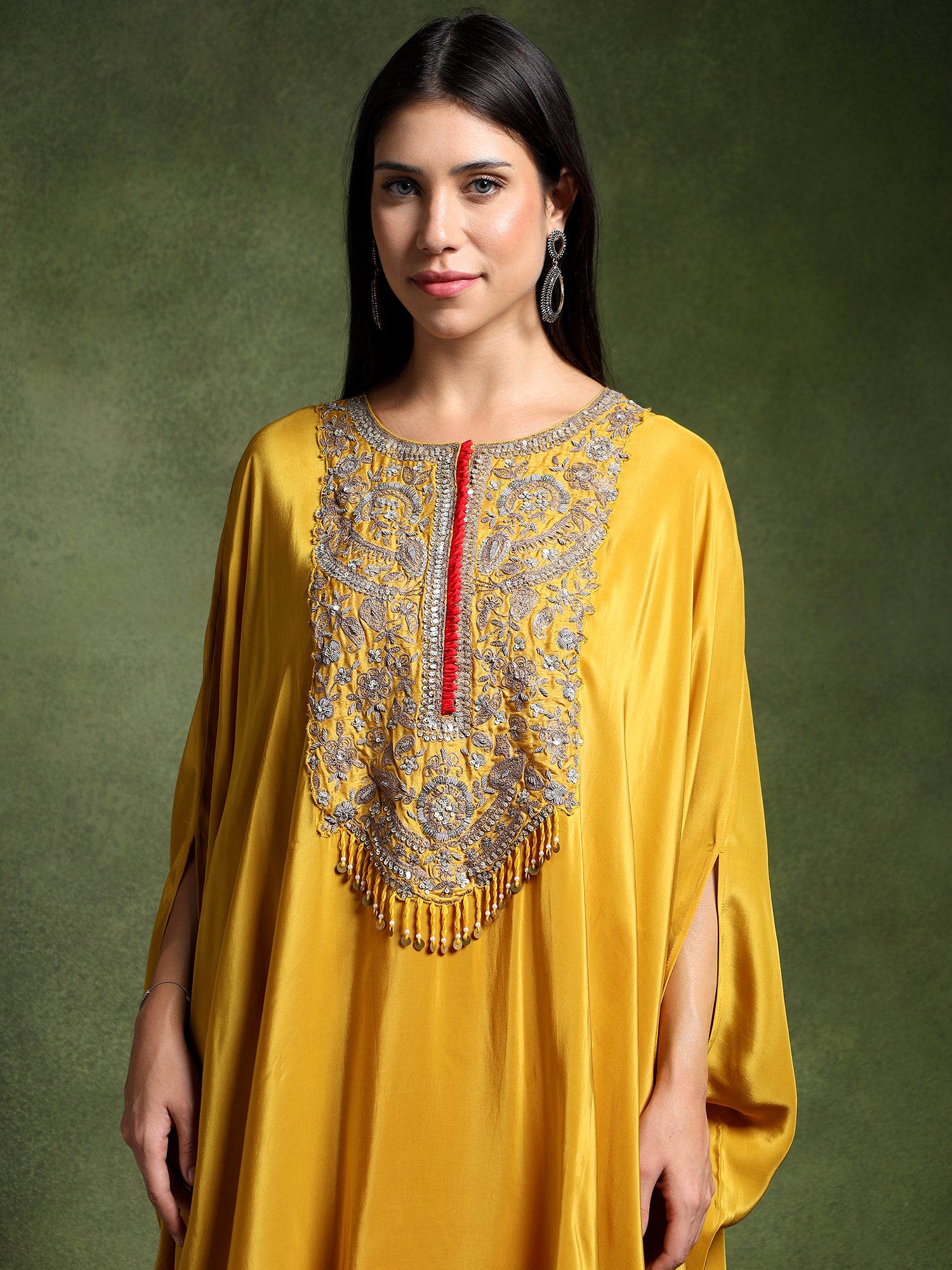 Yellow Crepe Hand Embroidered Long Kaftan with Pants