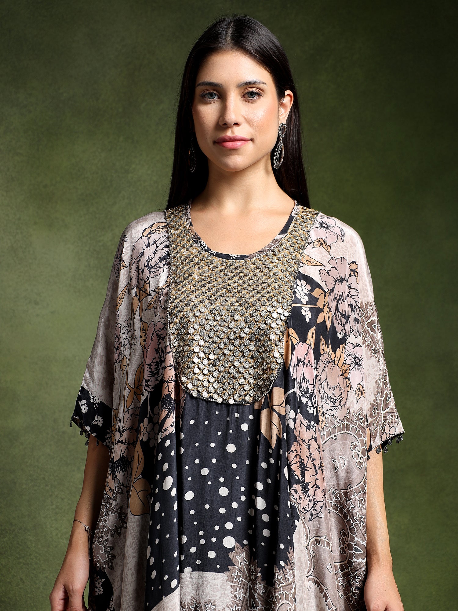 Crepe Printed Long Kaftan with Drape Skirt