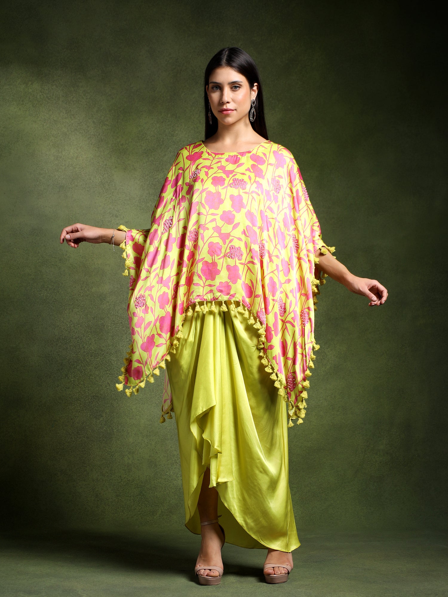 Satin Floral Printed Kimono with Draped Skirt