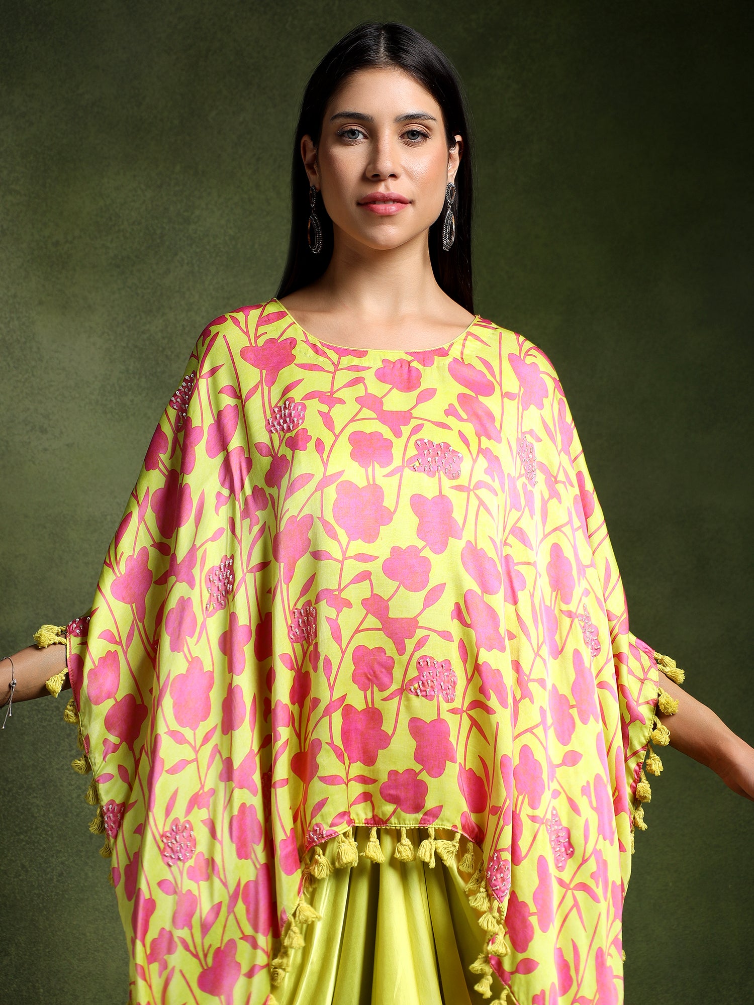 Satin Floral Printed Kimono with Draped Skirt