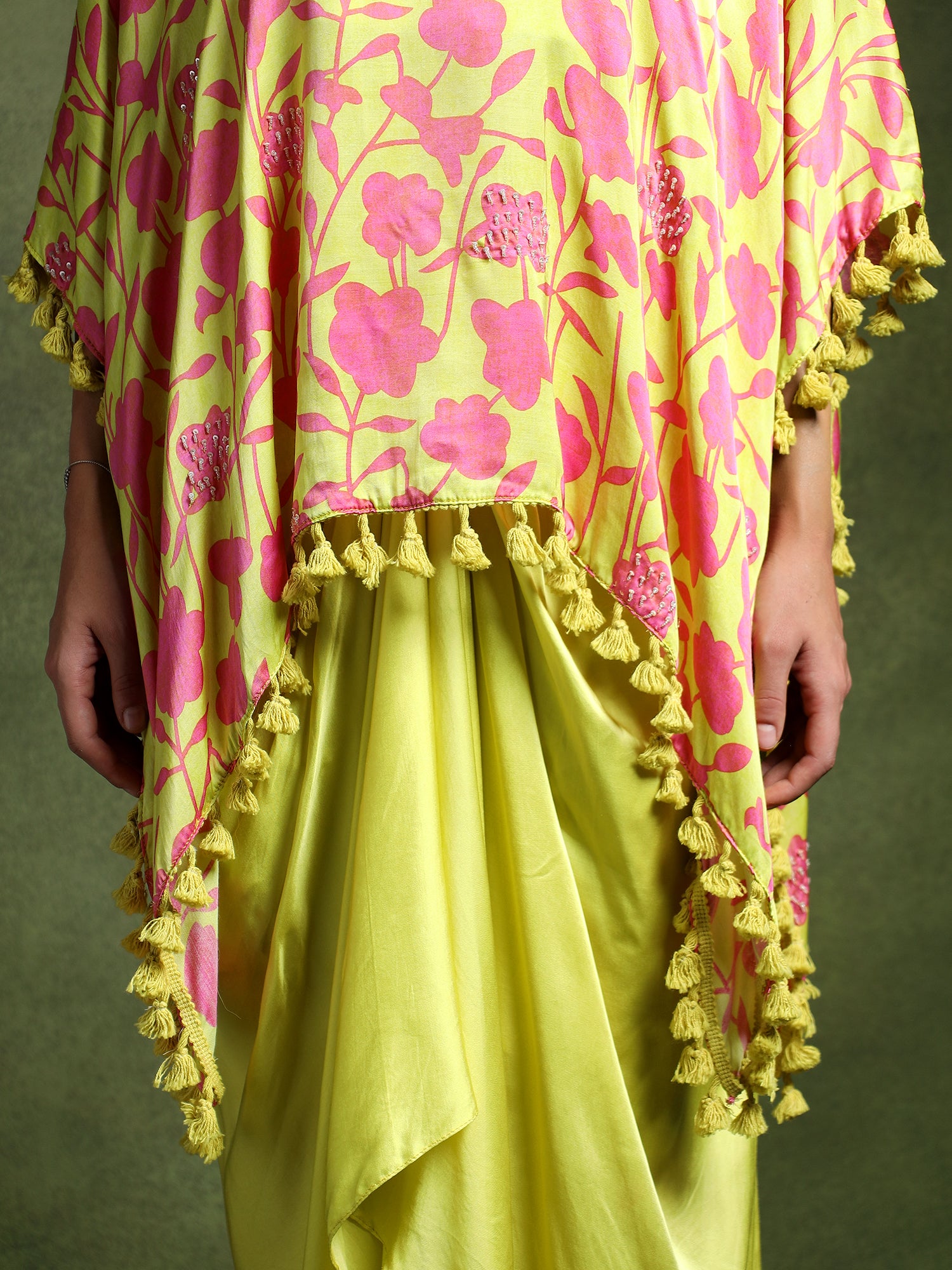 Satin Floral Printed Kimono with Draped Skirt