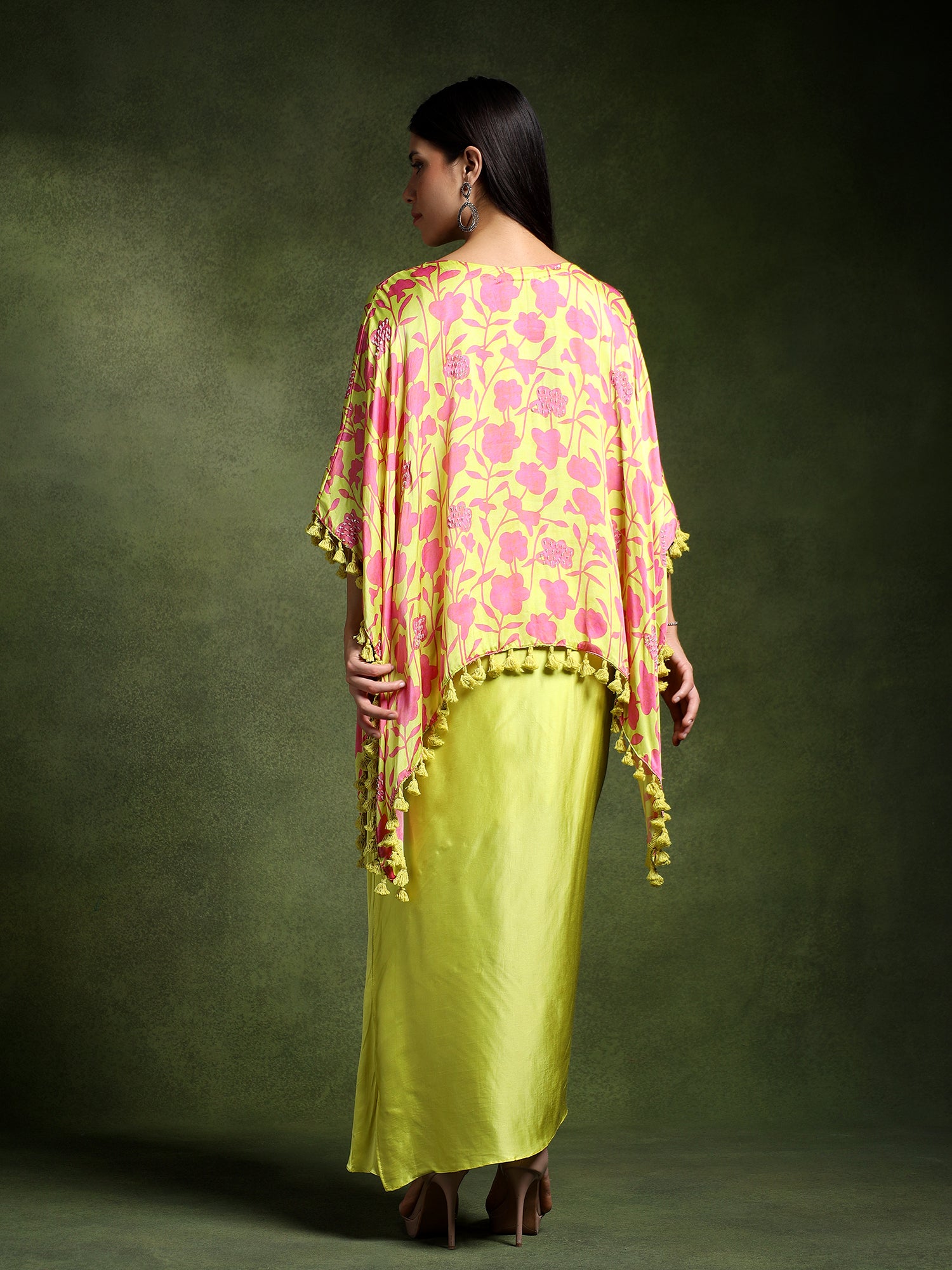 Satin Floral Printed Kimono with Draped Skirt