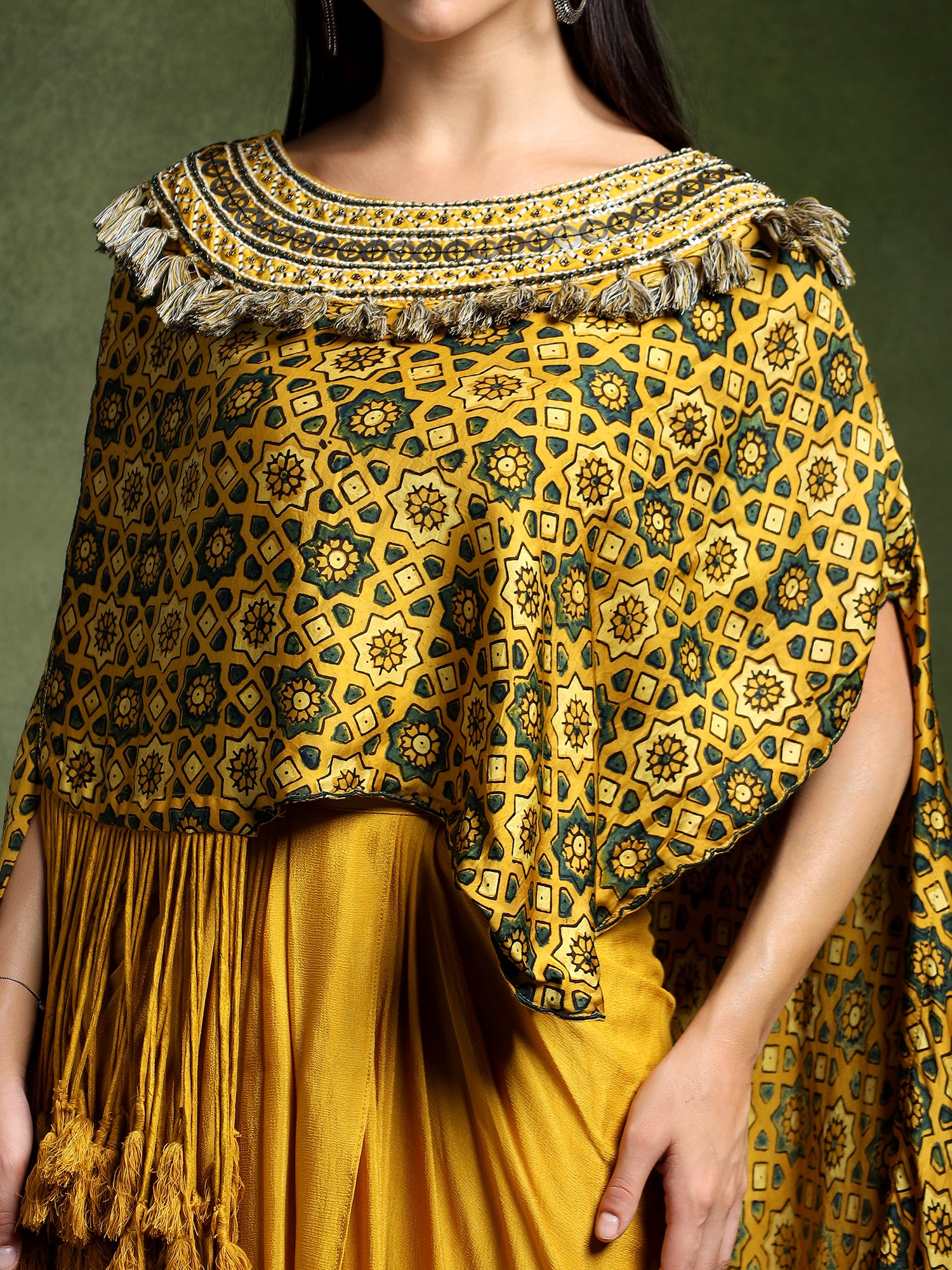 Satin Silk Ajrakh Printed Kimono with Draped Skirt