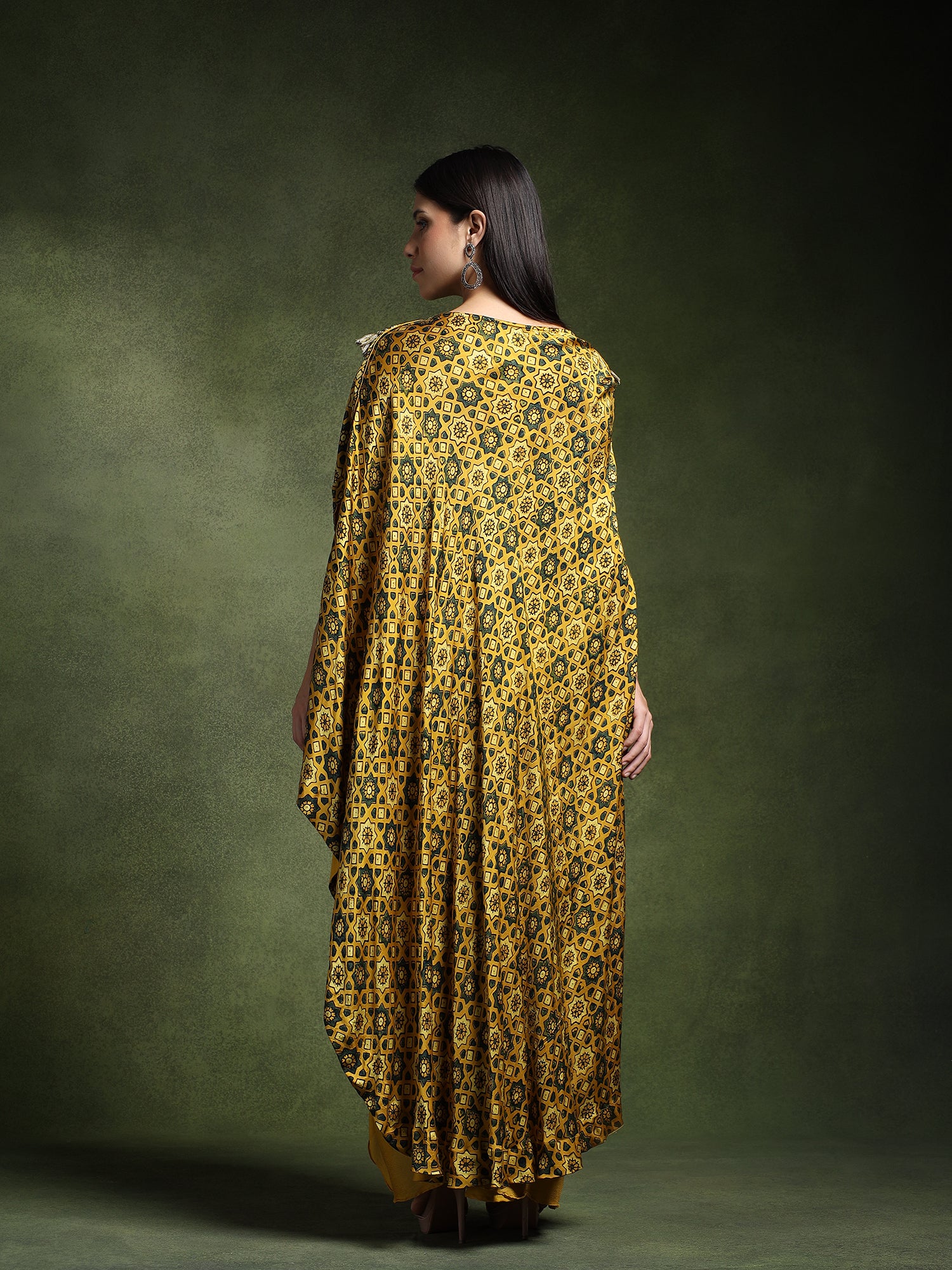 Satin Silk Ajrakh Printed Kimono with Draped Skirt