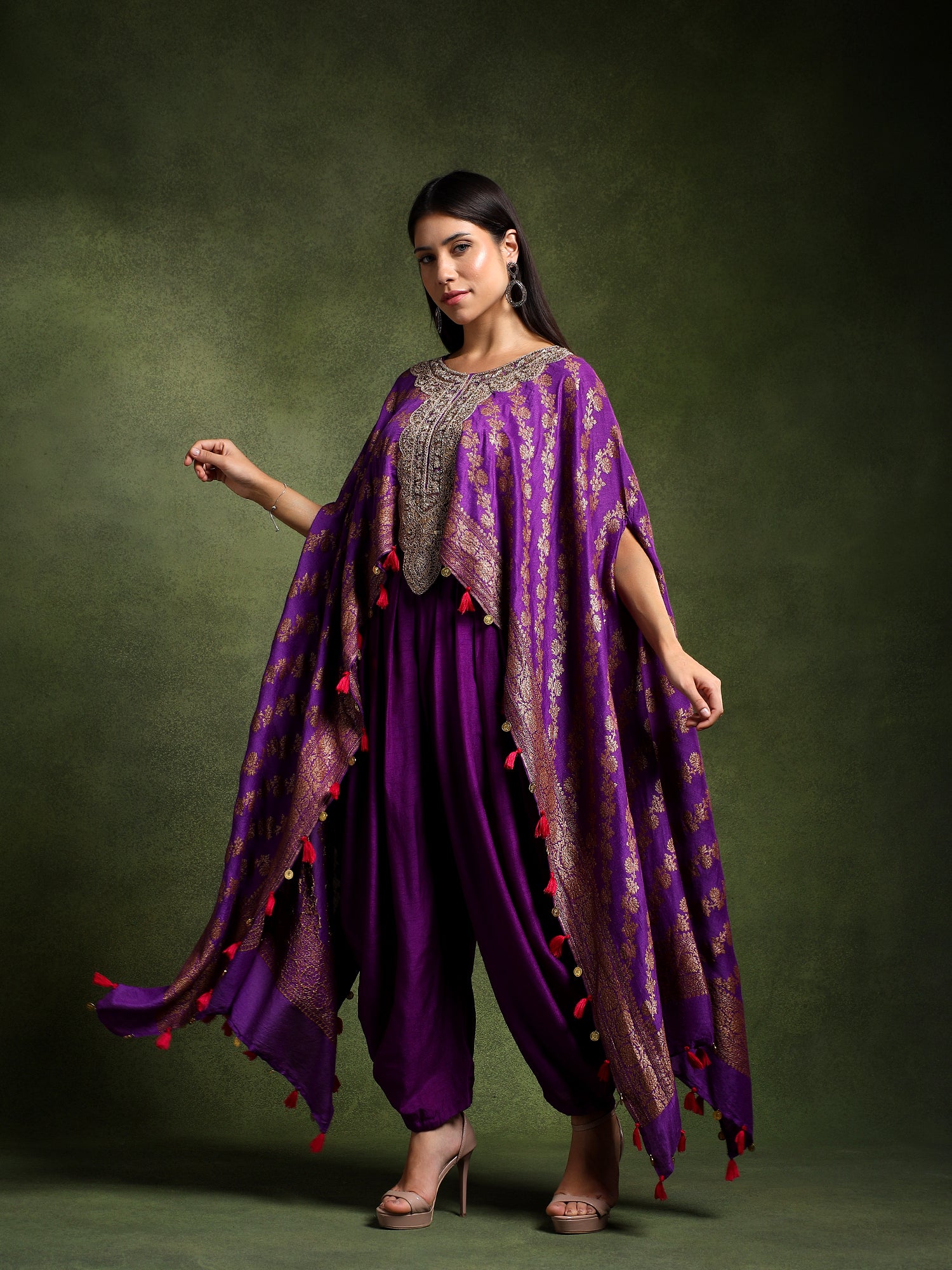 Purple Banarsi Silk Hand Embroidered Kimono with Tulip Pants