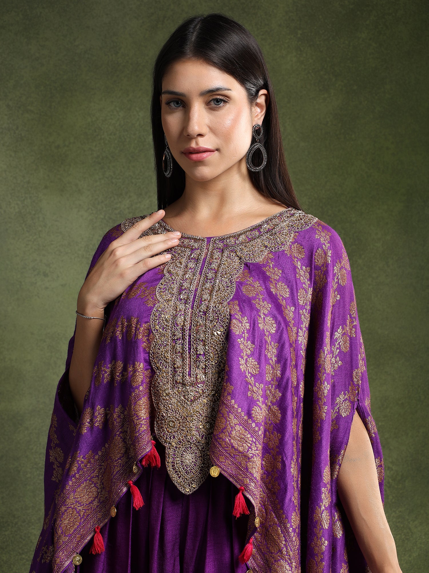 Purple Banarsi Silk Hand Embroidered Kimono with Tulip Pants