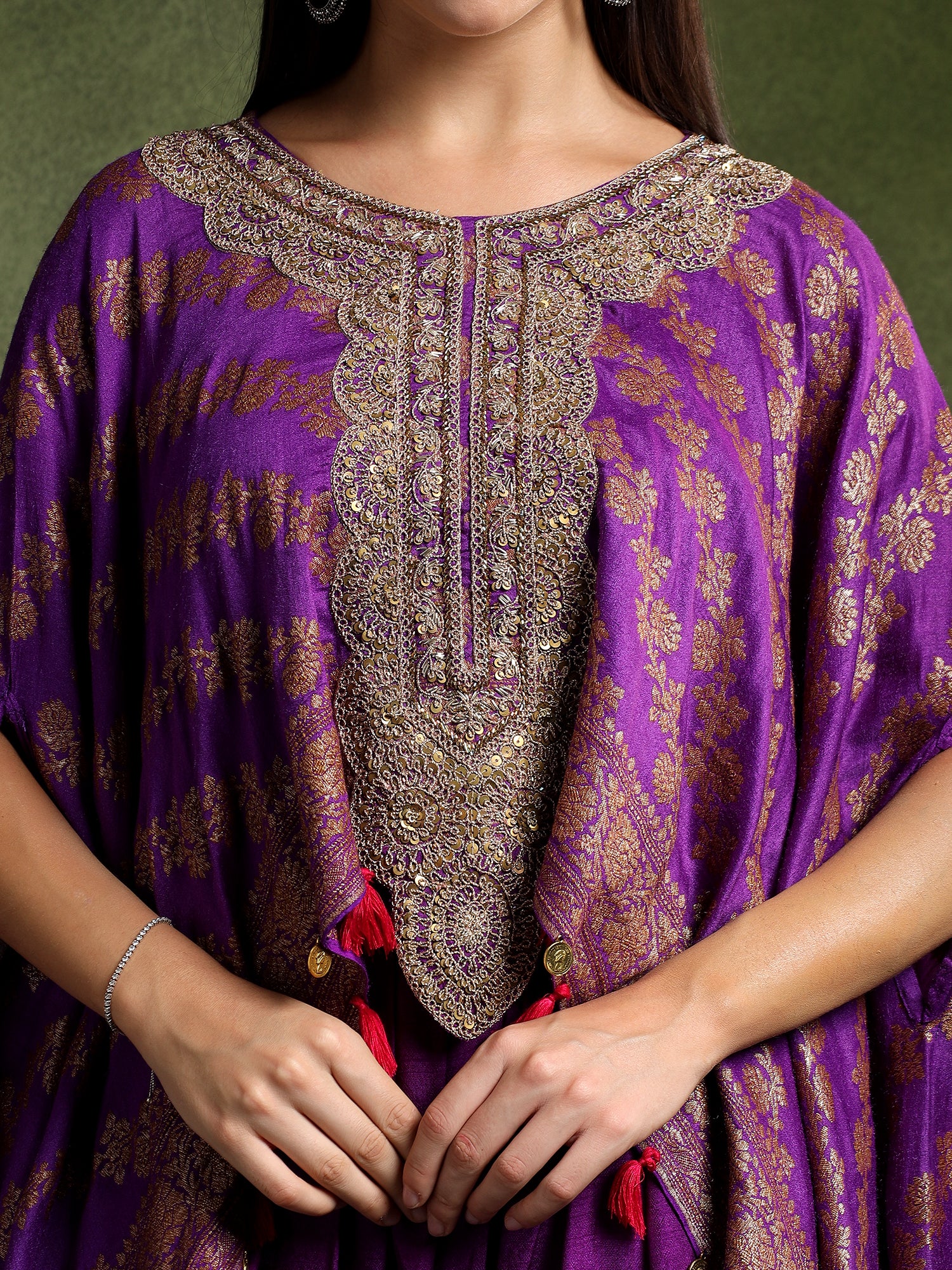 Purple Banarsi Silk Hand Embroidered Kimono with Tulip Pants