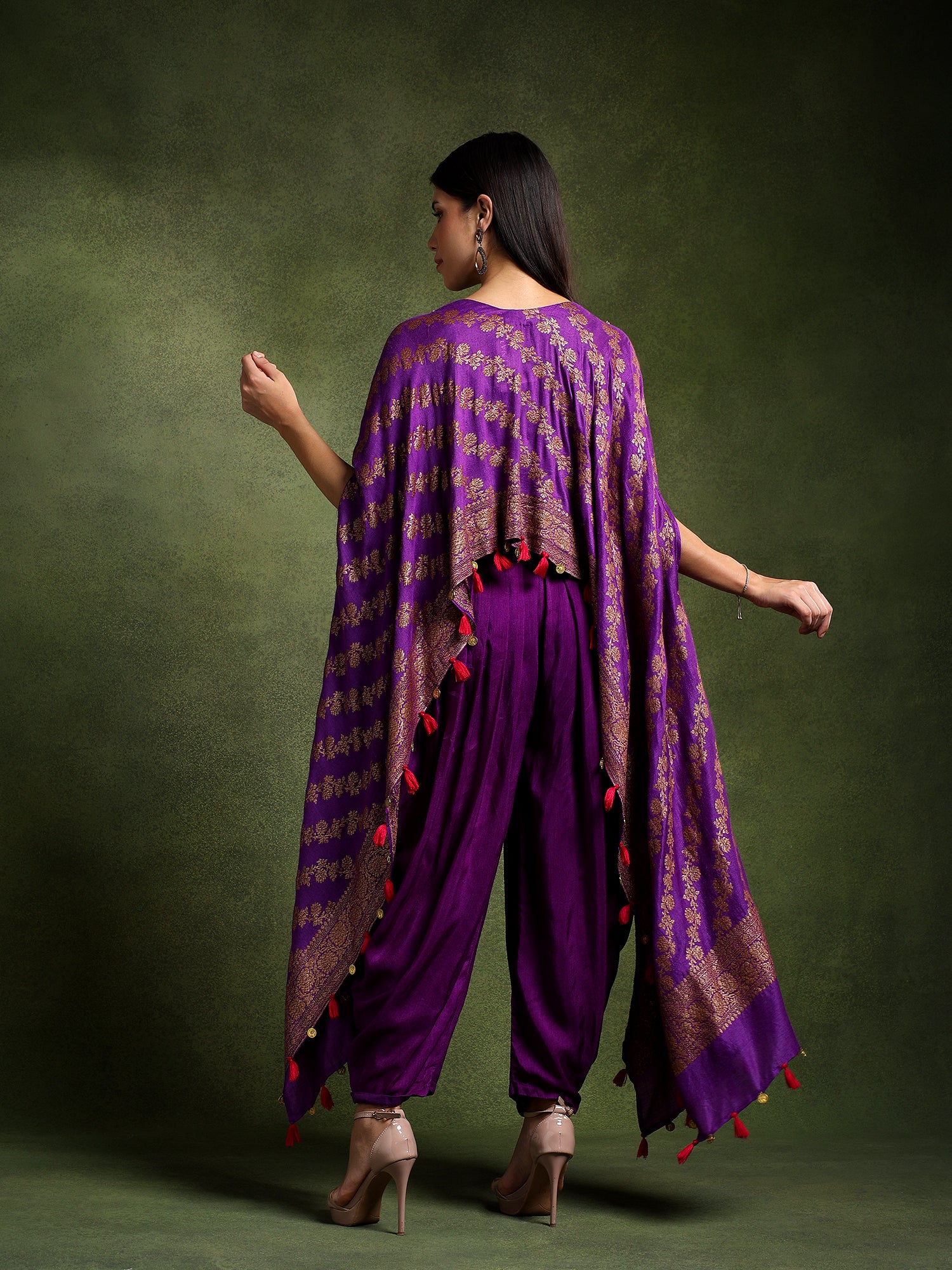 Purple Banarsi Silk Hand Embroidered Kimono with Tulip Pants