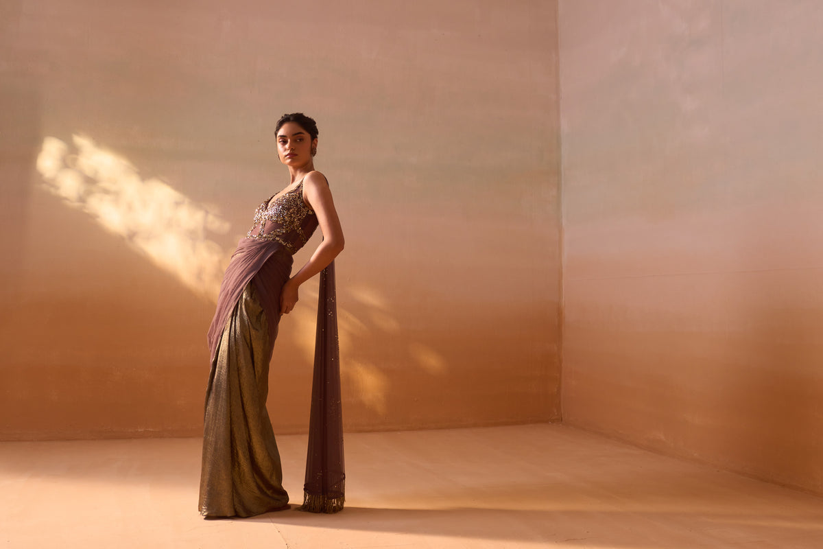 CHOCOLATE BROWN DRAPED SAREE