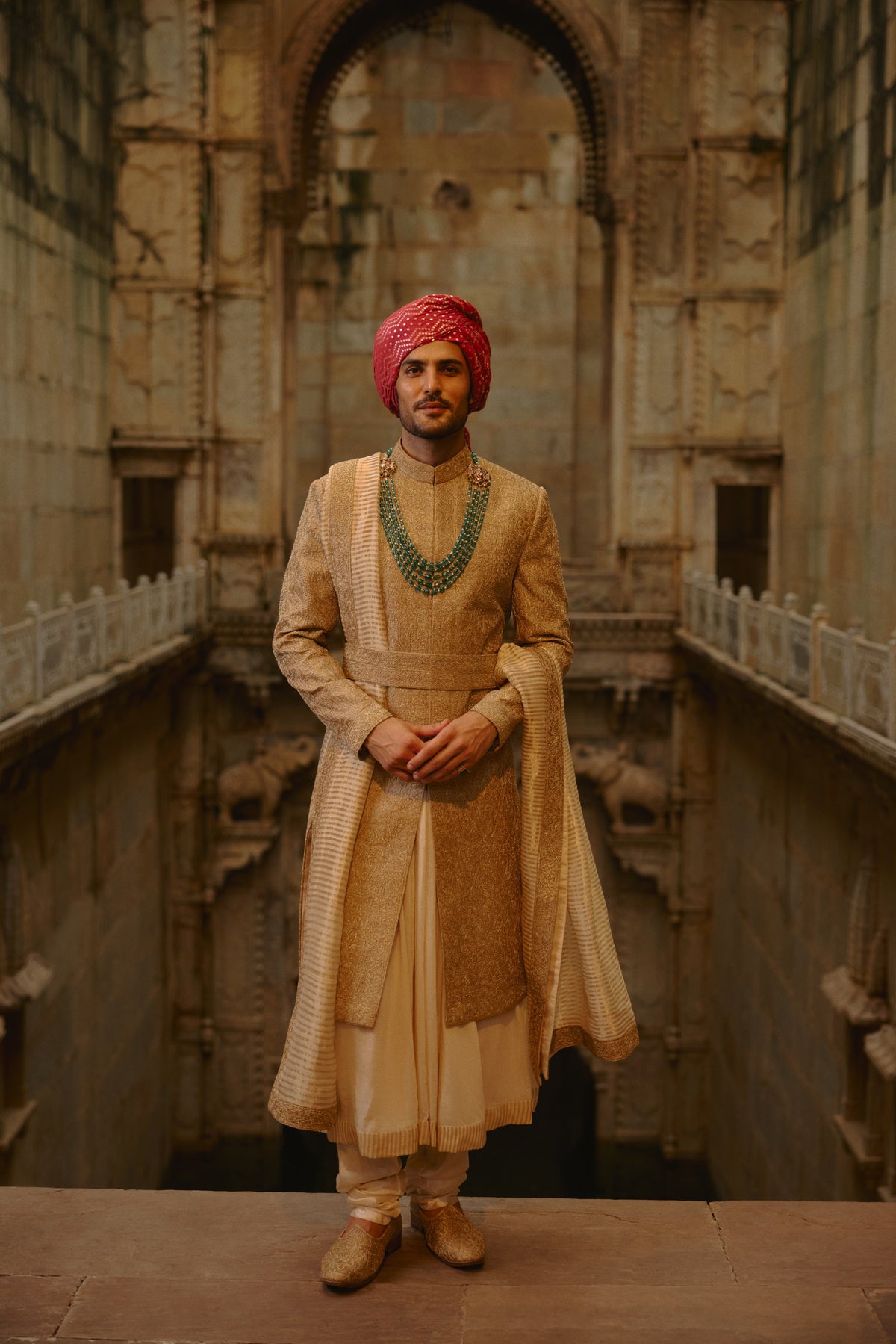SALMON MATKA SHERWANI BEIGE KURTA CHURIDAR SET