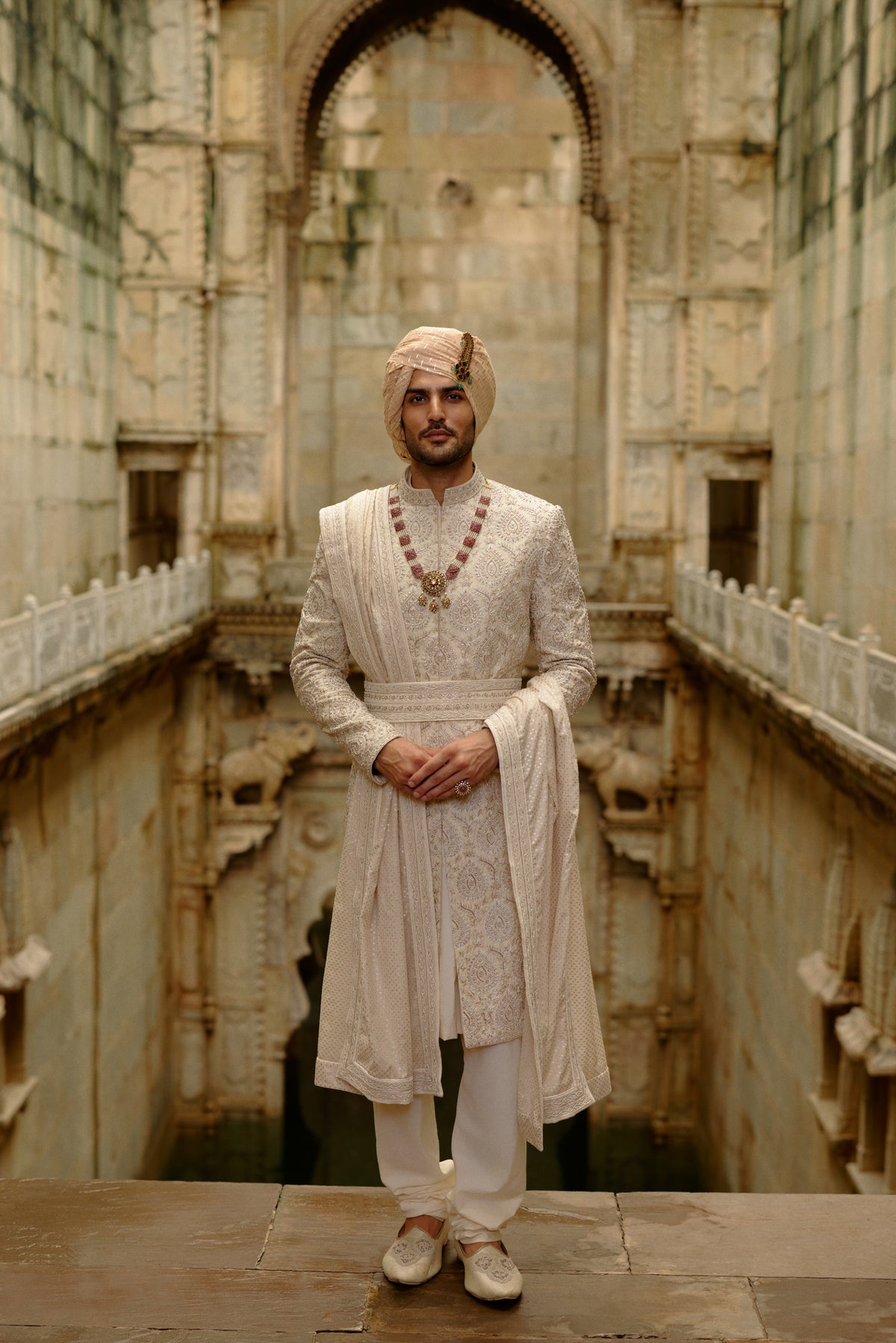 LIGHT BEIGE RAW SILK SHERWANI SET