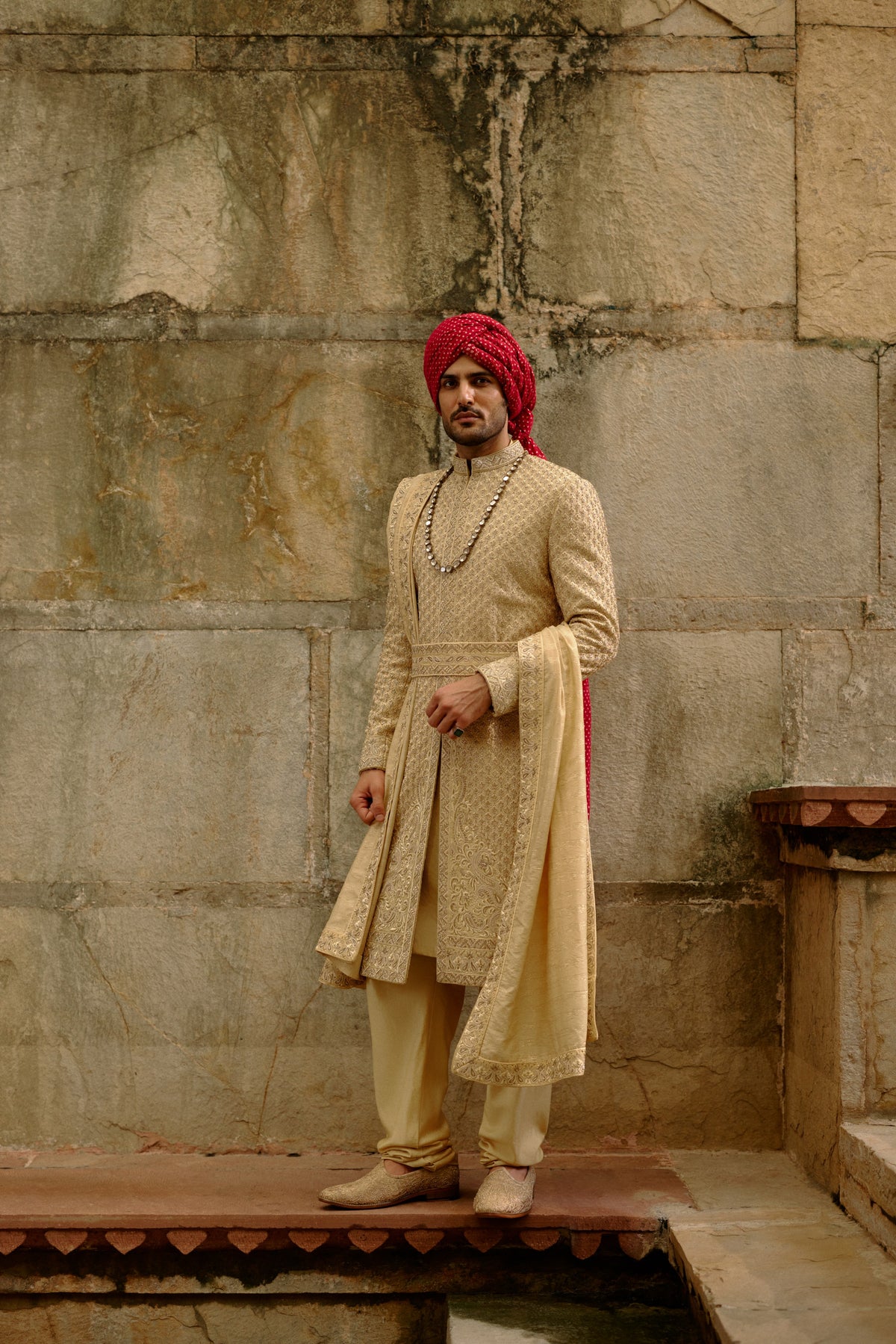 GOLD ZARDOZI RAW SILK SHERWANI SET