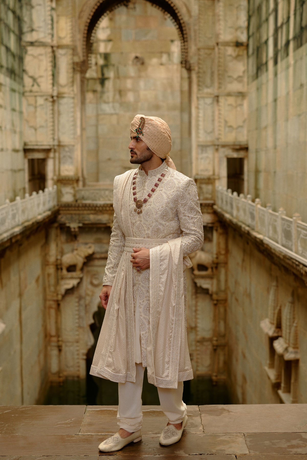 LIGHT BEIGE RAW SILK SHERWANI SET